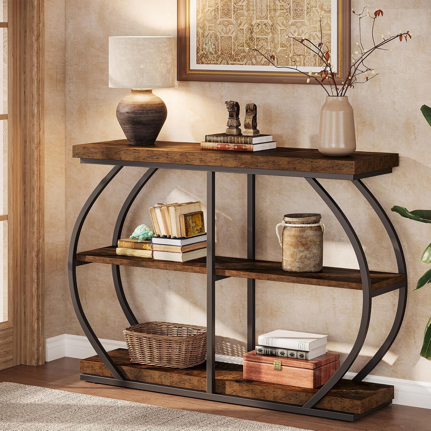 41.33" Industrial Console Table - Rustic Brown 3-Tier Entryway Shelf w/Arched Metal Frame - Image 4