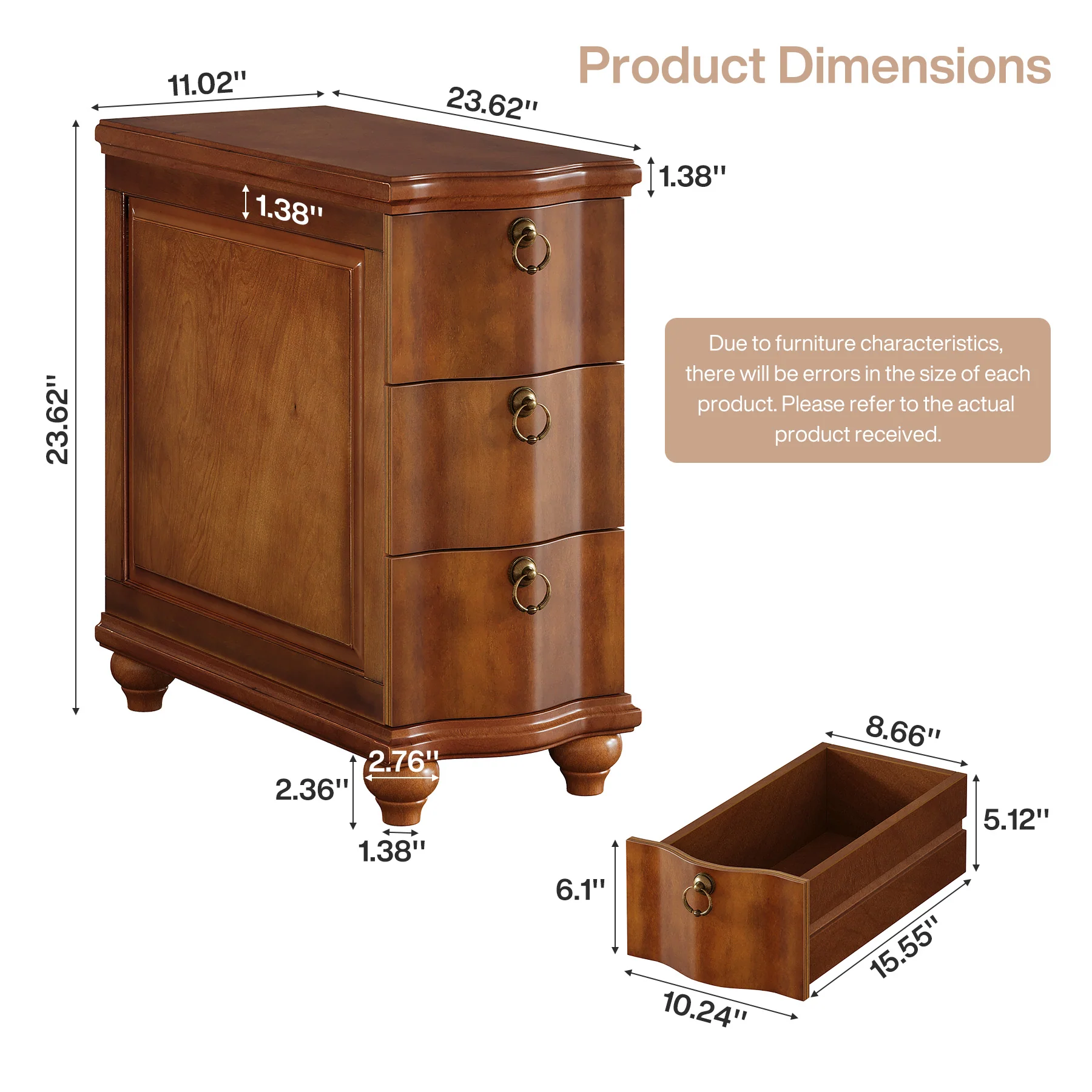 Tribesigns 11.02-Inch Wide Wooden Nightstand with 3 Drawers and Solid Wood Legs, No Assembly Narrow Bedside Table for Bedroom - Image 3