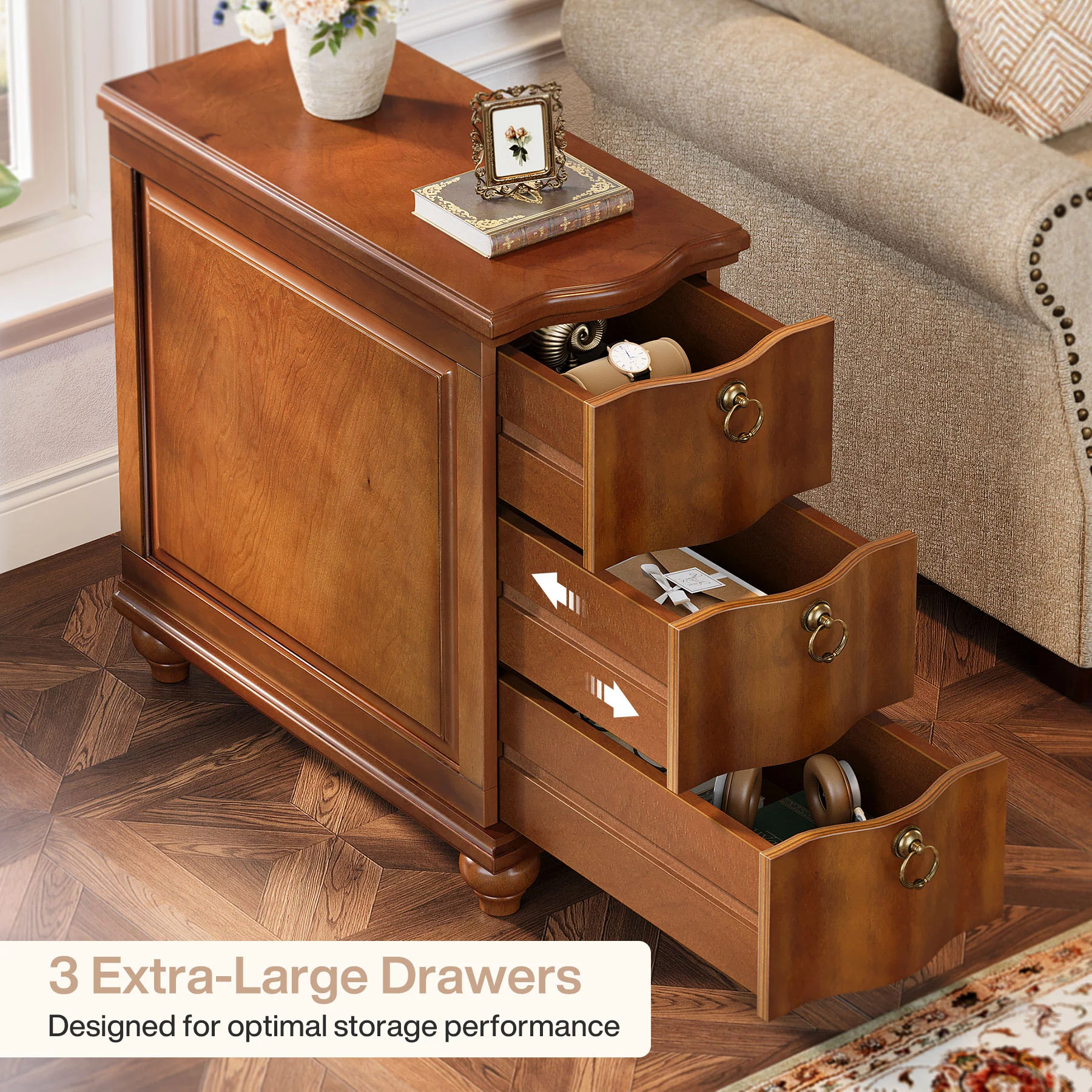 Tribesigns 11.02-Inch Wide Wooden Nightstand with 3 Drawers and Solid Wood Legs, No Assembly Narrow Bedside Table for Bedroom - Image 6