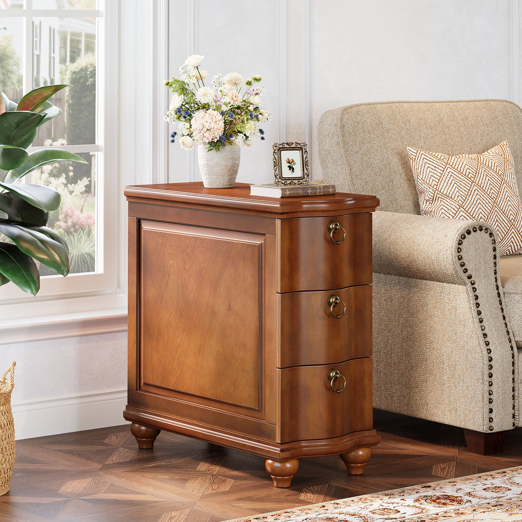 Tribesigns 11.02-Inch Wide Fully Assembled End Table with 3 Drawers, Narrow Walnut Brown Side Table for Bedside Living Room - Image 6