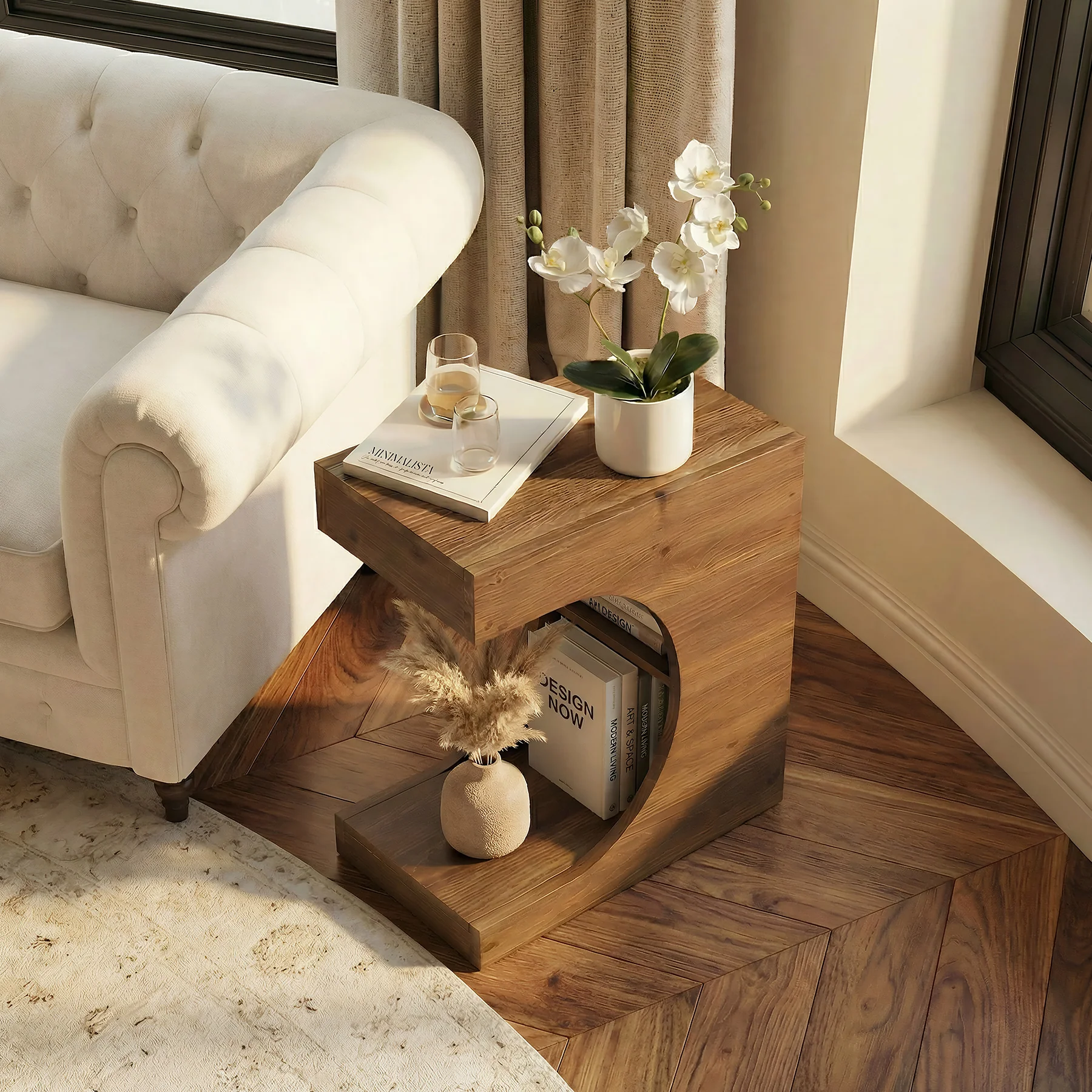 Tribesigns 11.8-Inch Wide Solid Wood C-Shaped Side Table with 2-Tier Storage Shelf - Image 7
