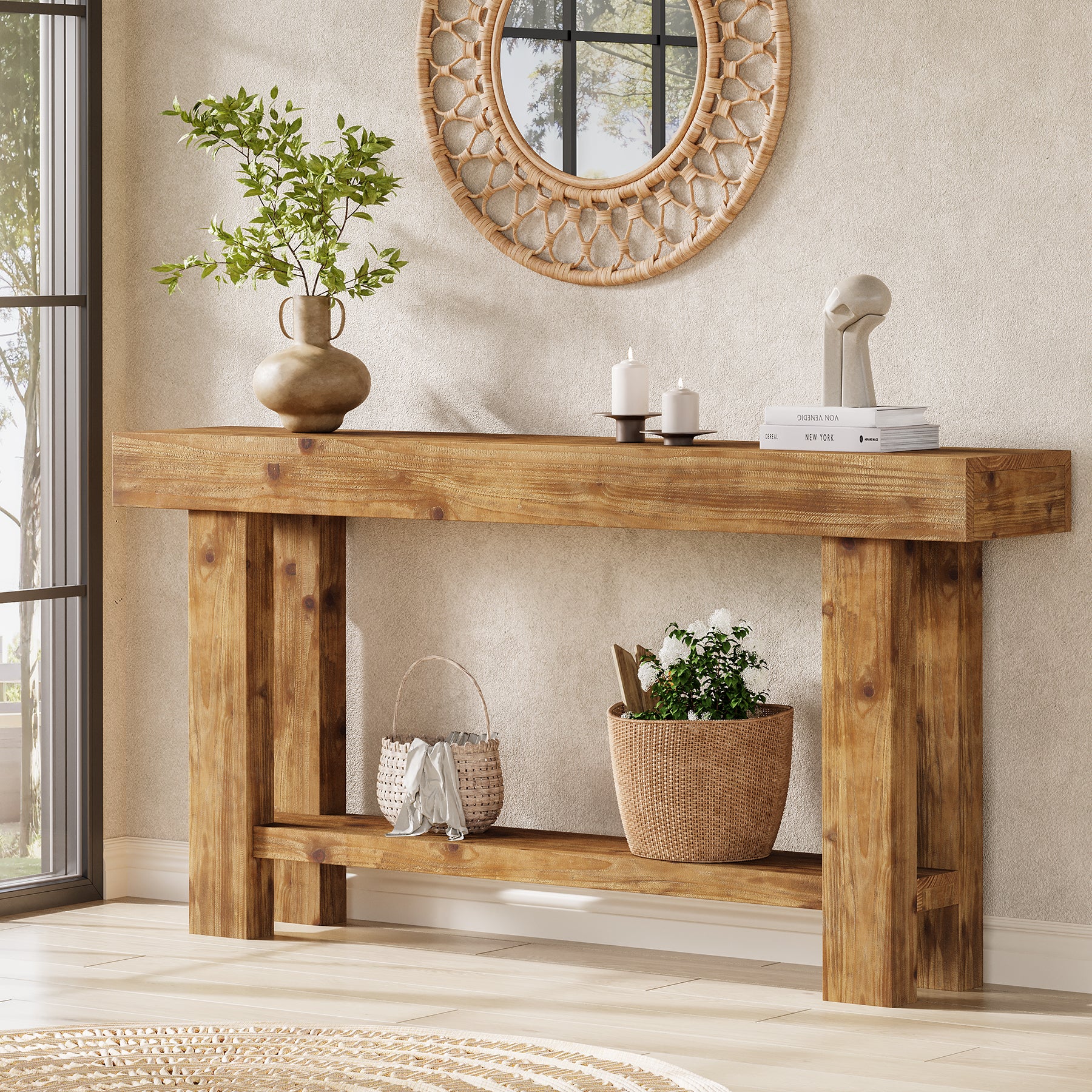 63-Inch Solid Wood Console Table with 2-Tier Storage Shelf, Farmhouse Narrow Sofa Table for Entryway