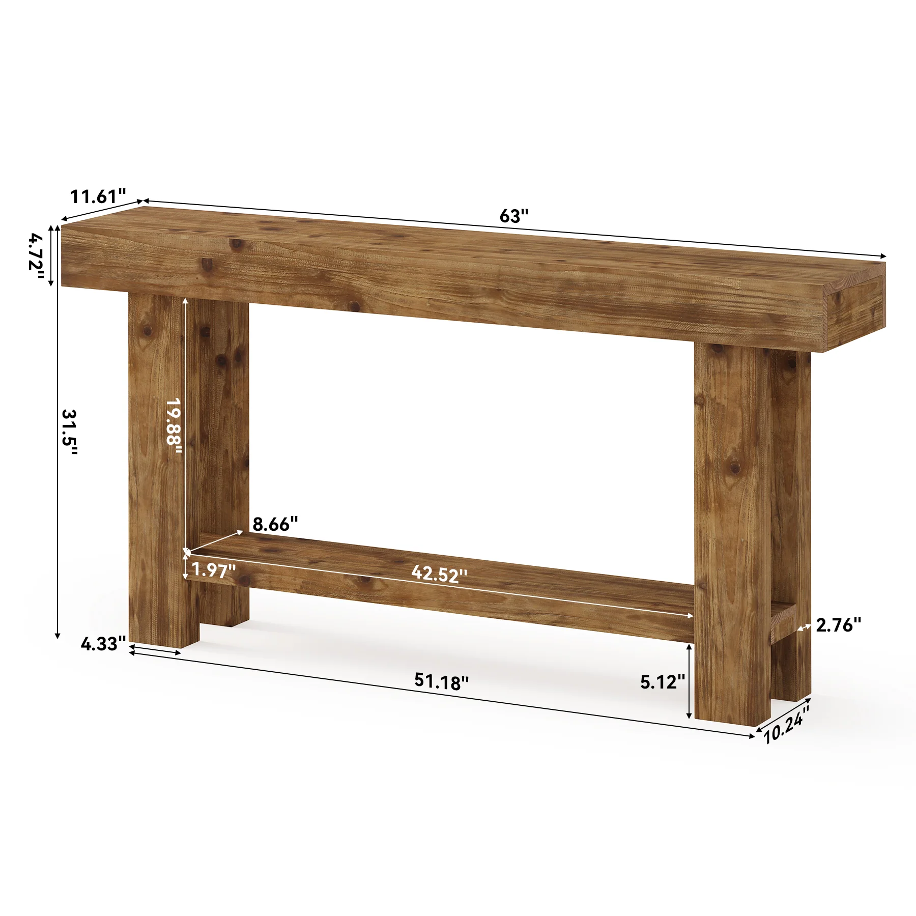 63-Inch Solid Wood Console Table with 2-Tier Storage Shelf, Farmhouse Narrow Sofa Table for Entryway - Image 2