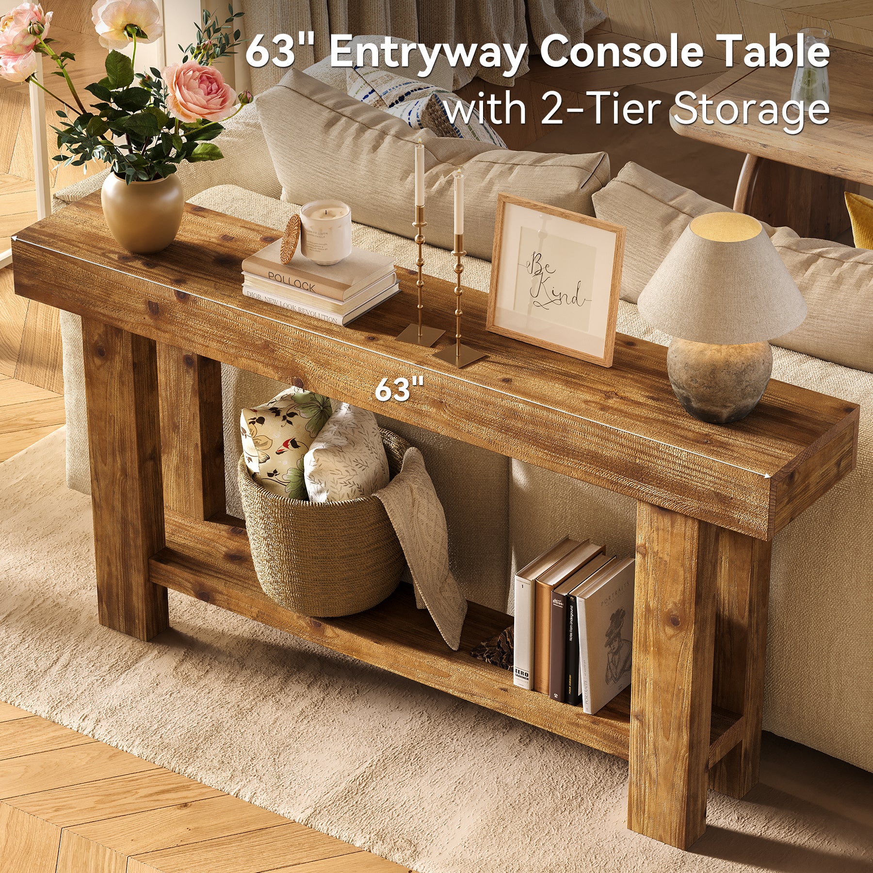 63-Inch Solid Wood Console Table with 2-Tier Storage Shelf, Farmhouse Narrow Sofa Table for Entryway - Image 3
