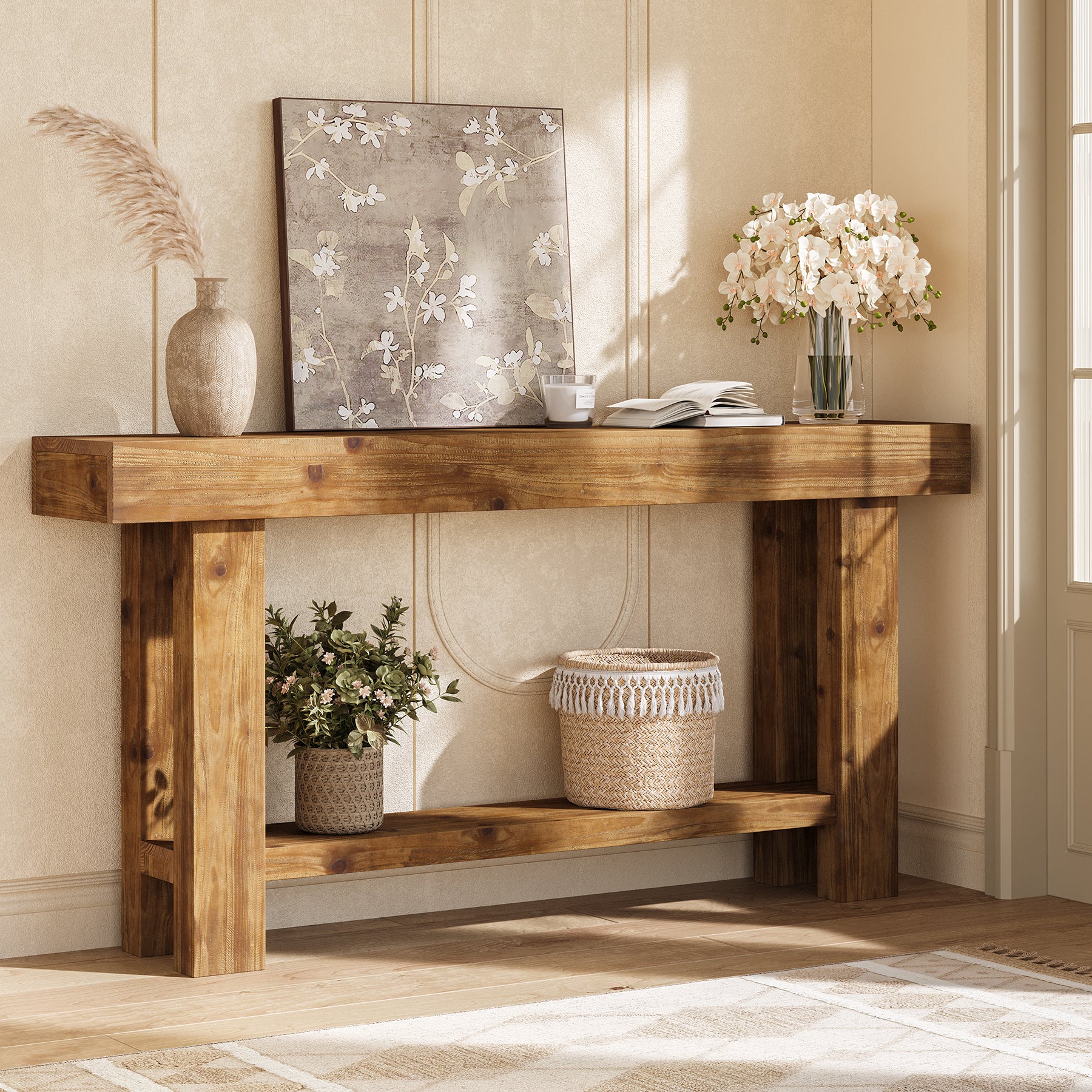 63-Inch Solid Wood Console Table with 2-Tier Storage Shelf, Farmhouse Narrow Sofa Table for Entryway - Image 6