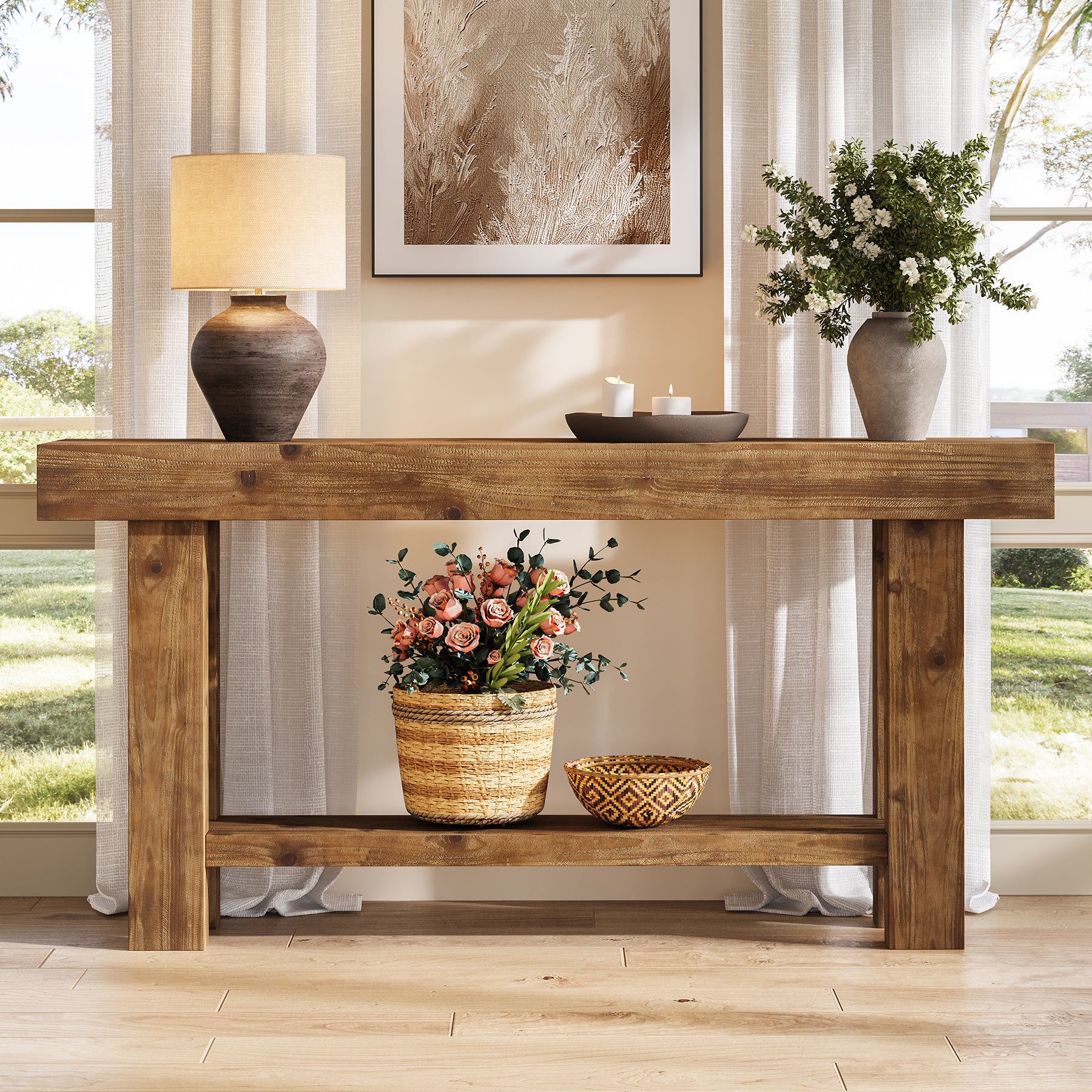 63-Inch Solid Wood Console Table with 2-Tier Storage Shelf, Farmhouse Narrow Sofa Table for Entryway - Image 7