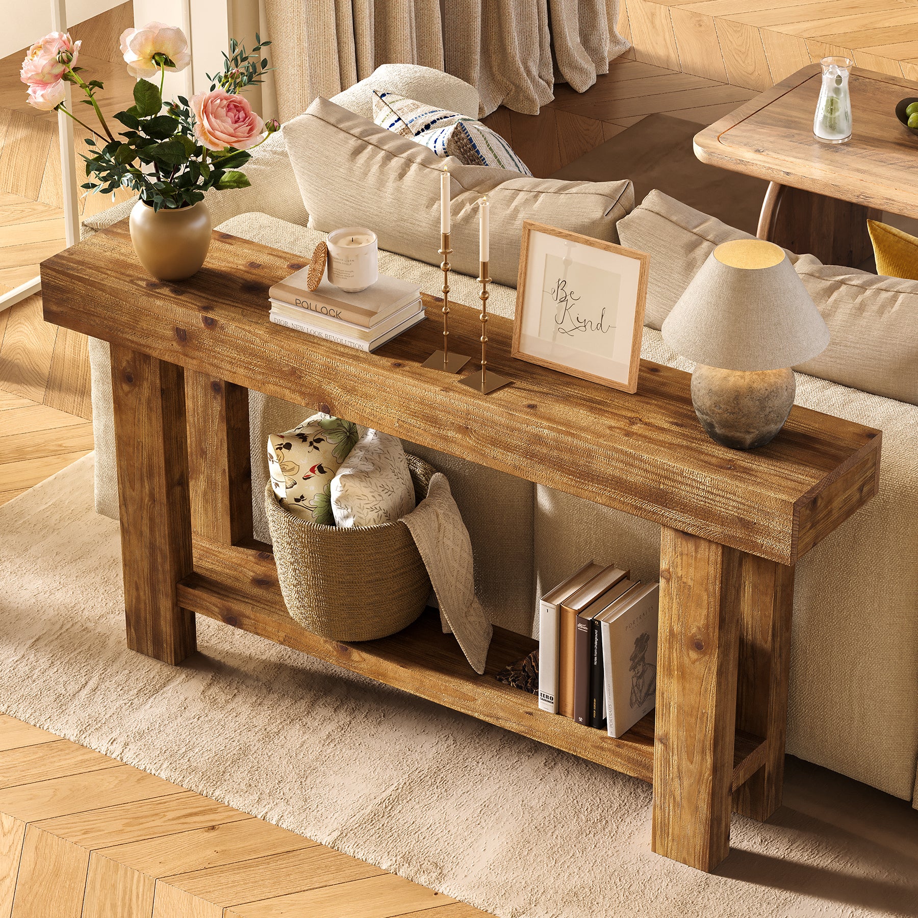 63-Inch Solid Wood Console Table with 2-Tier Storage Shelf, Farmhouse Narrow Sofa Table for Entryway - Image 8