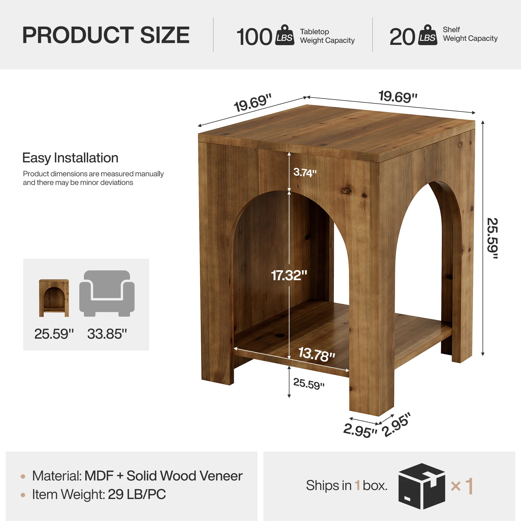 Tribesigns 19.69-Inch Farmhouse Side Table with Arch Design, Wooden End Table for Living Room - Image 2