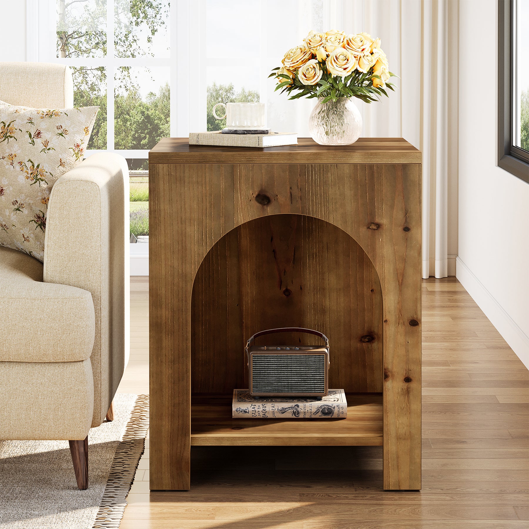 Tribesigns 19.69-Inch Farmhouse Side Table with Arch Design, Wooden End Table for Living Room - Image 6