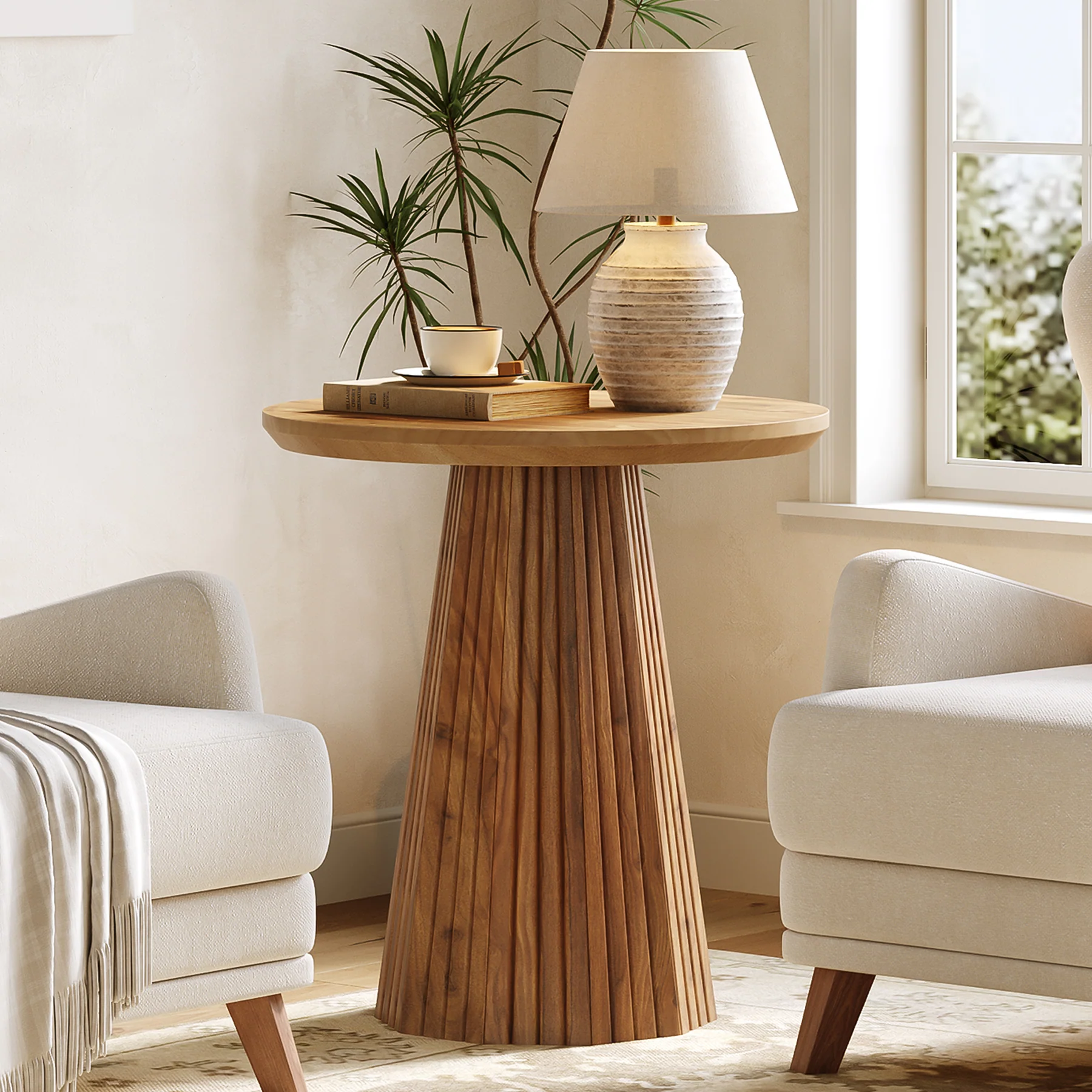 Tribesigns 19.7-Inch Solid Wood End Table with Fluted Base, Small Round Side Table for Small Spaces - Image 8