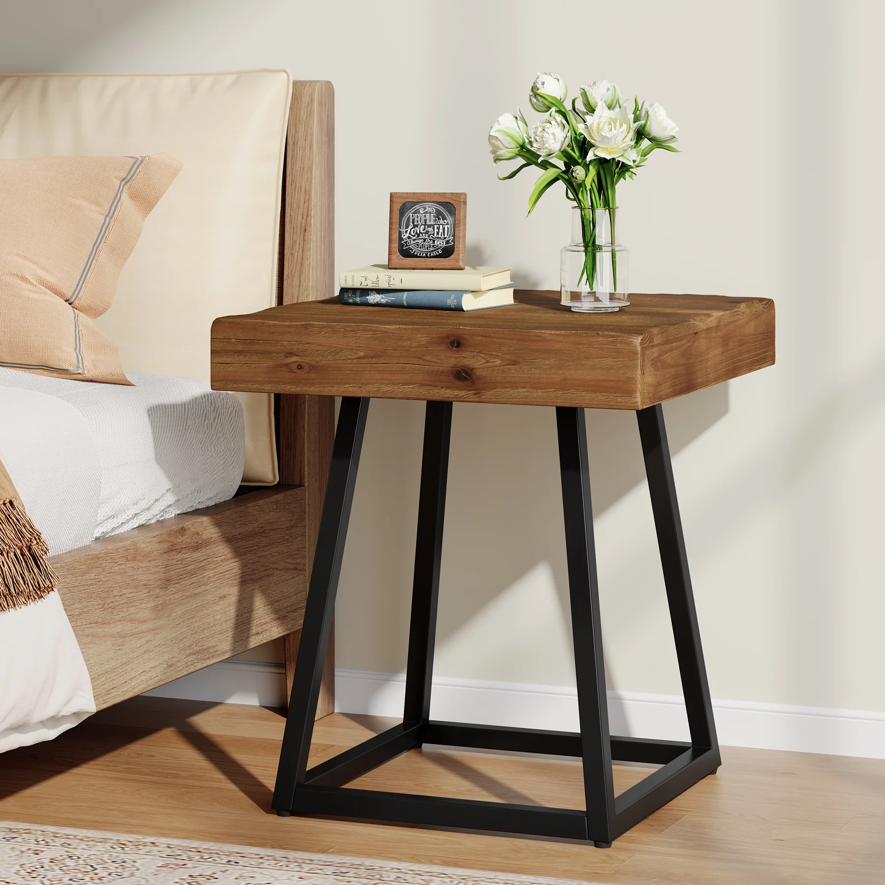 19.7 Inch Solid Wood Nightstand with Metal Frame, Industrial Square Bedside Table - Image 10