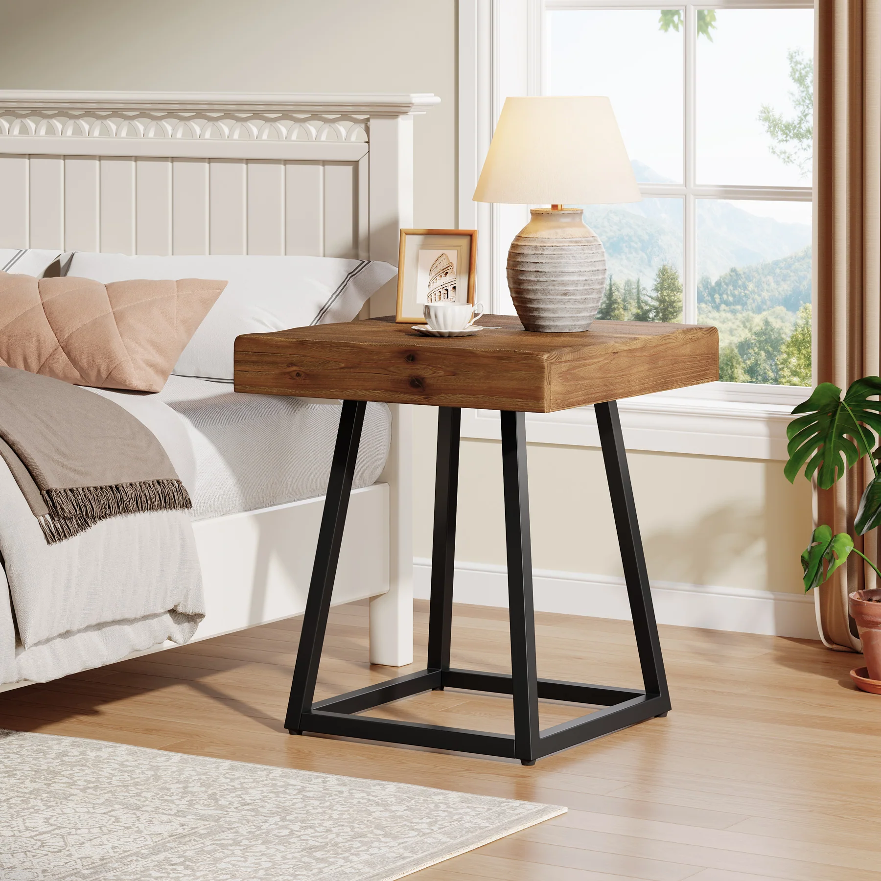19.7 Inch Solid Wood Nightstand with Metal Frame, Industrial Square Bedside Table - Image 11