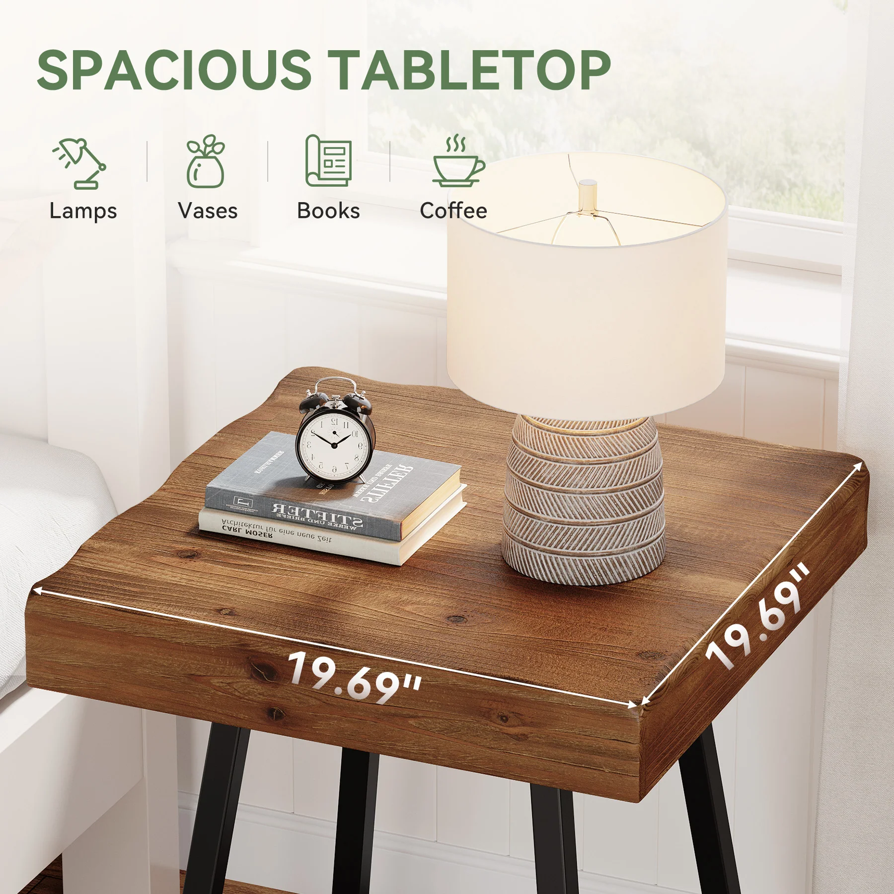 19.7 Inch Solid Wood Nightstand with Metal Frame, Industrial Square Bedside Table - Image 3