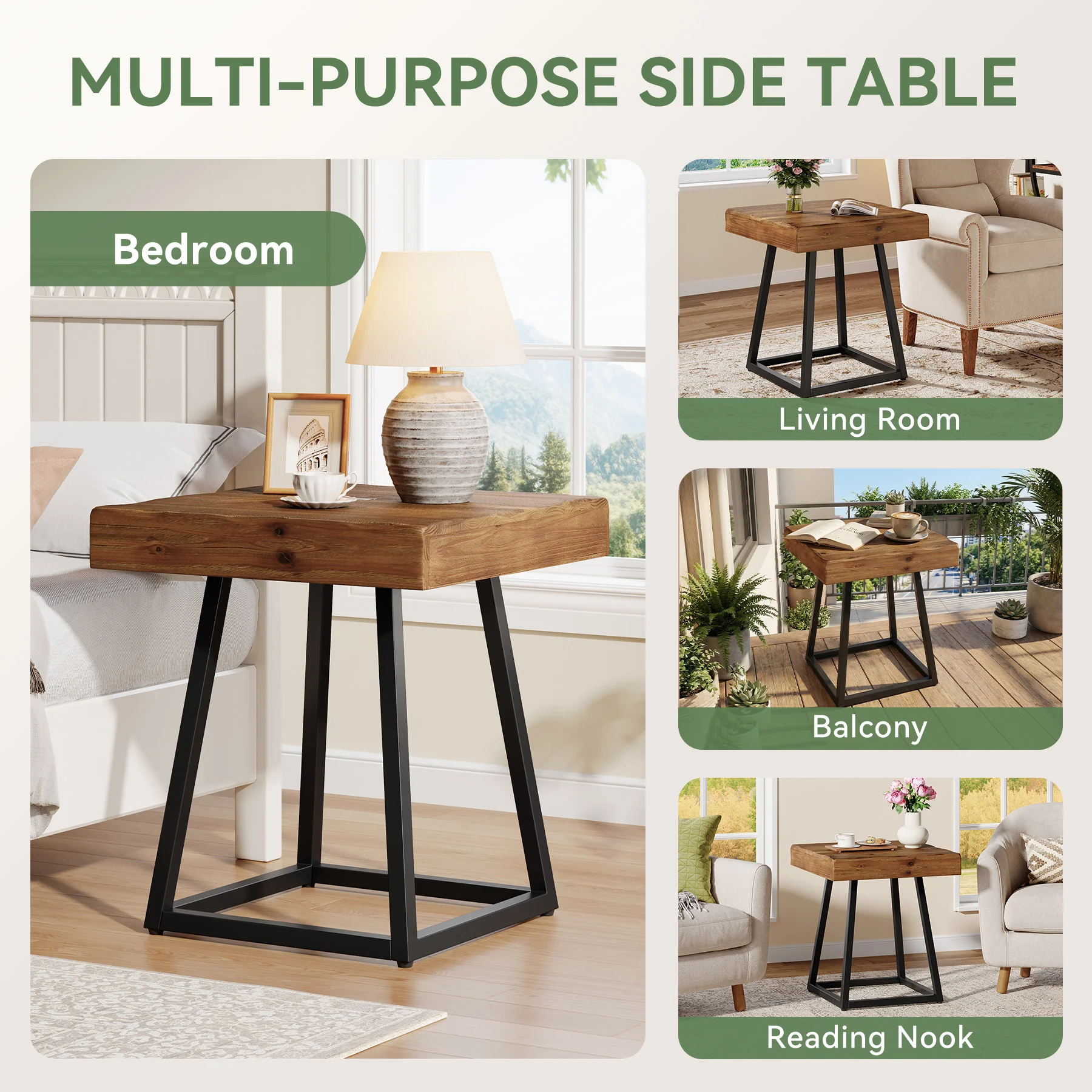 19.7 Inch Solid Wood Nightstand with Metal Frame, Industrial Square Bedside Table - Image 4