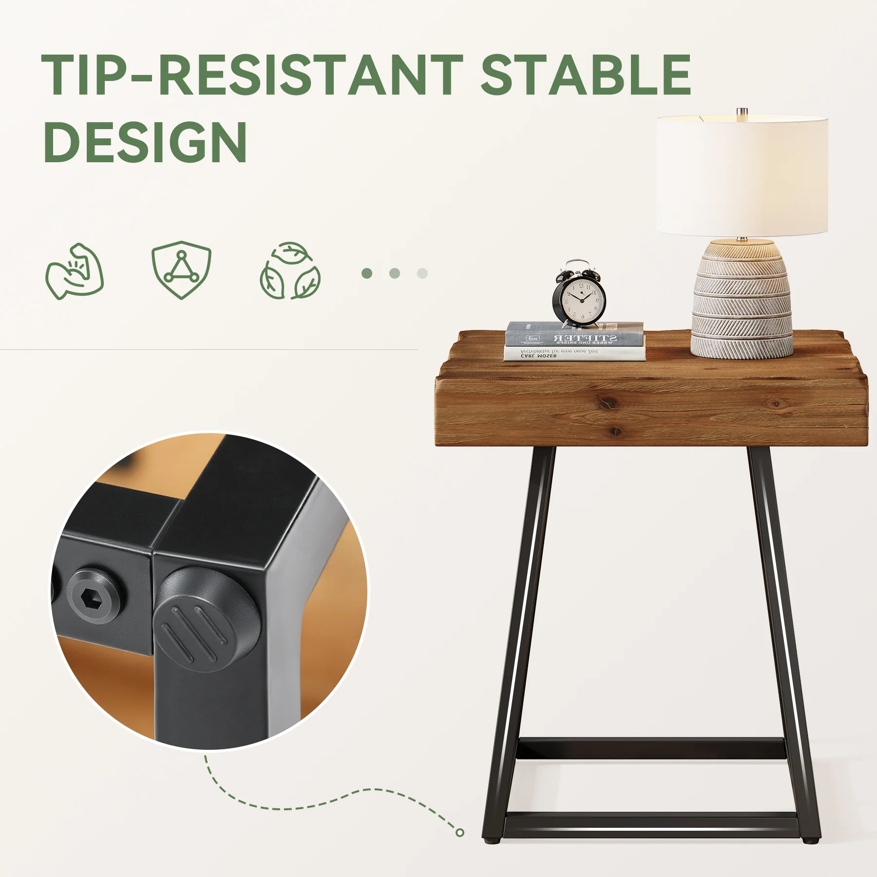 19.7 Inch Solid Wood Nightstand with Metal Frame, Industrial Square Bedside Table - Image 5