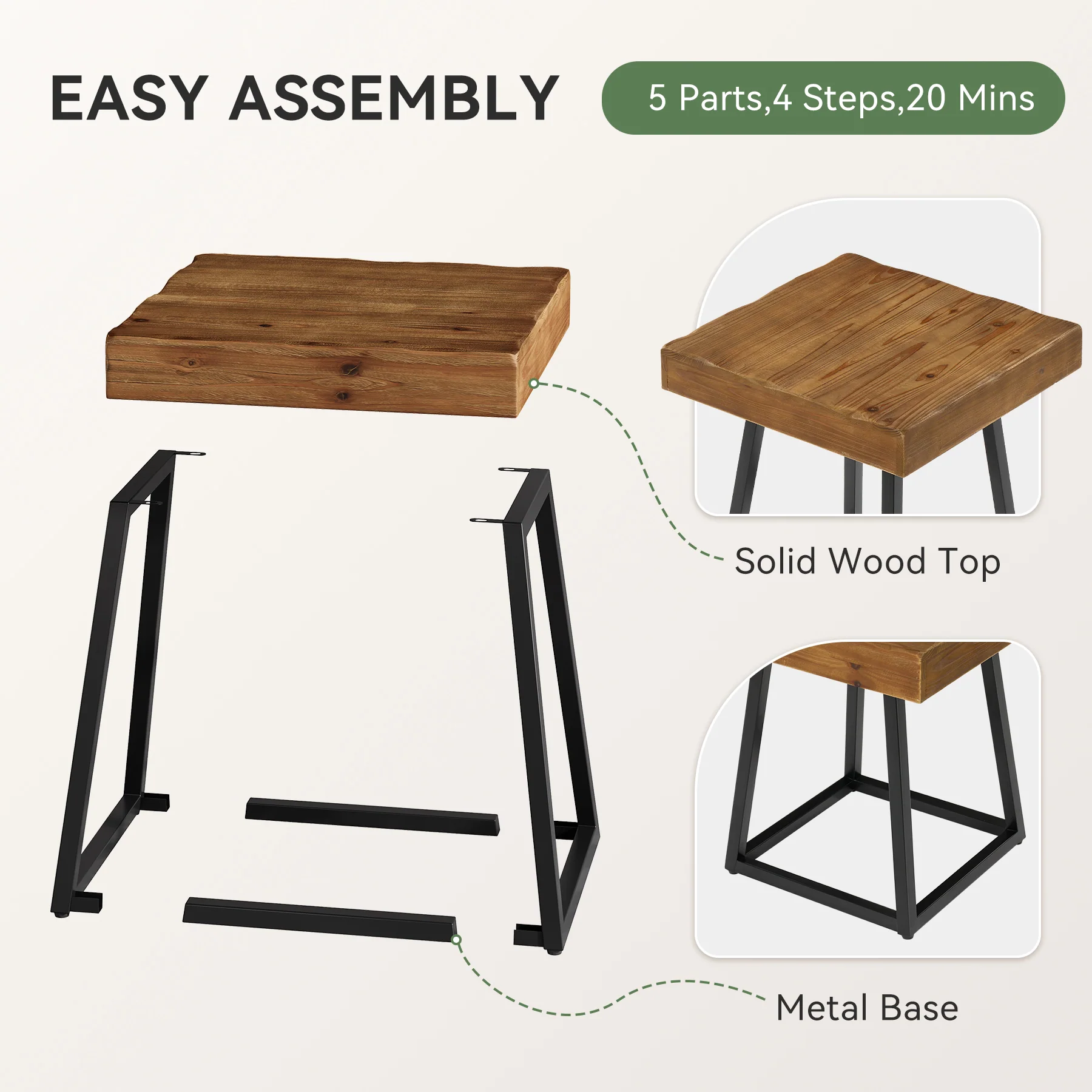 19.7 Inch Solid Wood Nightstand with Metal Frame, Industrial Square Bedside Table - Image 7