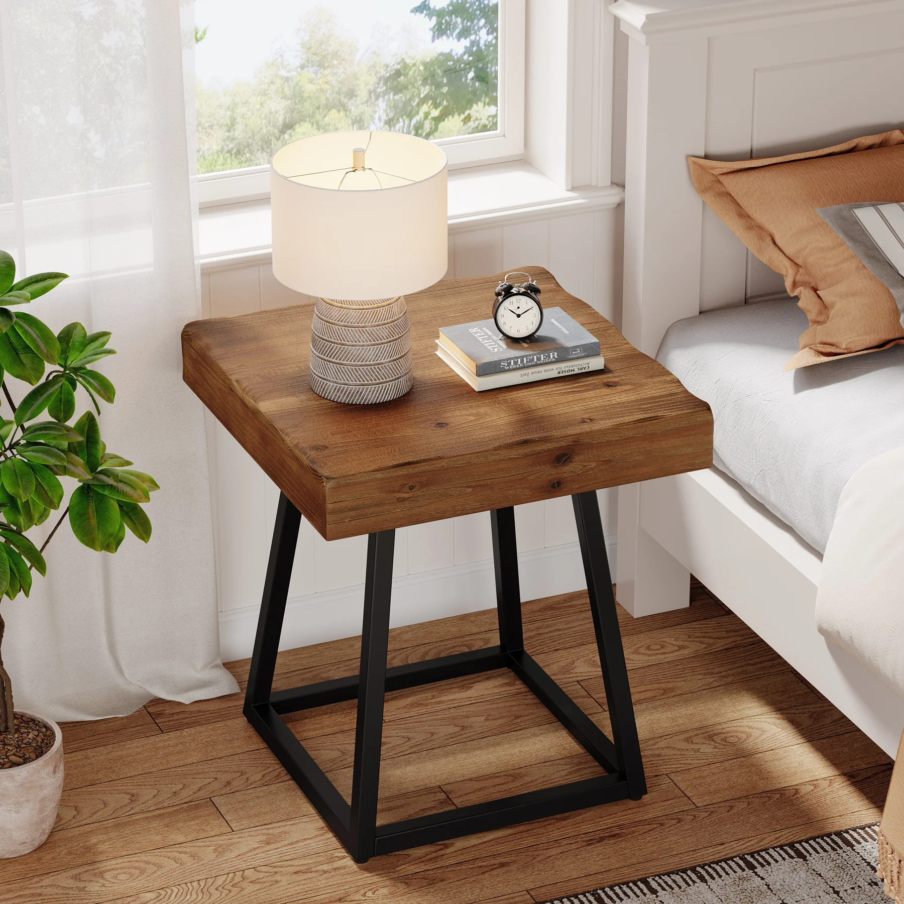 19.7 Inch Solid Wood Nightstand with Metal Frame, Industrial Square Bedside Table - Image 8