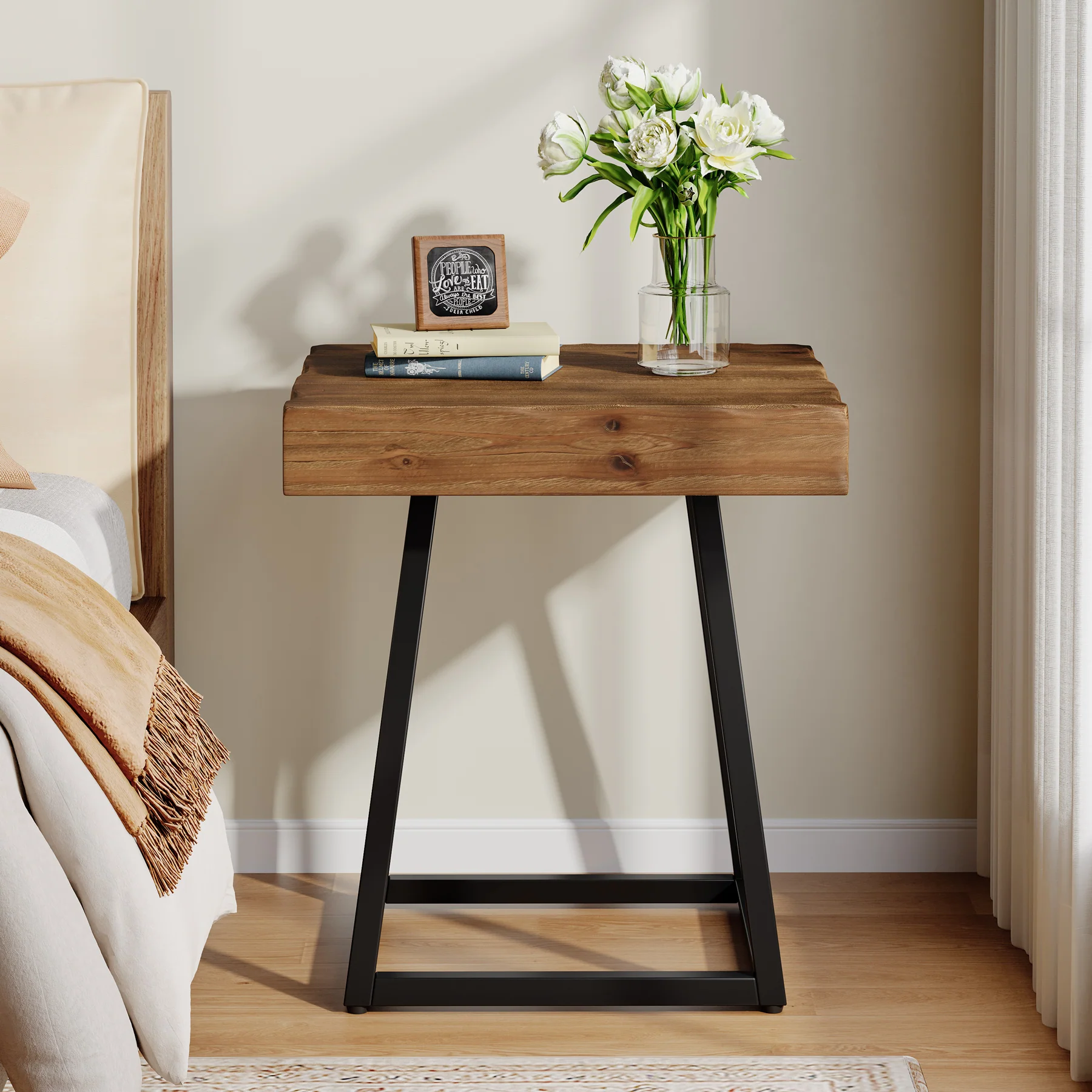 19.7 Inch Solid Wood Nightstand with Metal Frame, Industrial Square Bedside Table - Image 9