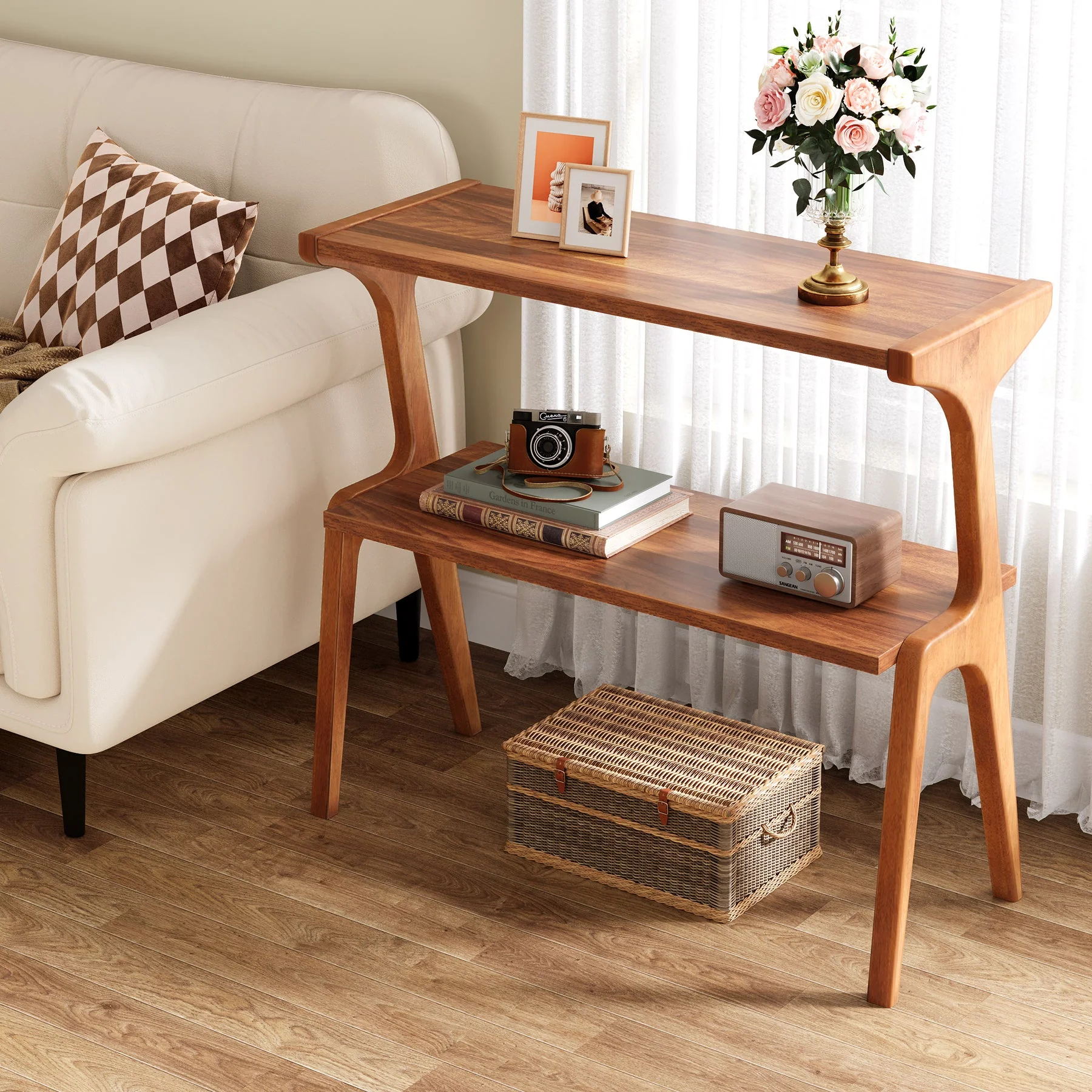 2-Tier End Table, Slim Sofa Side Table with Storage Shelf - Image 6
