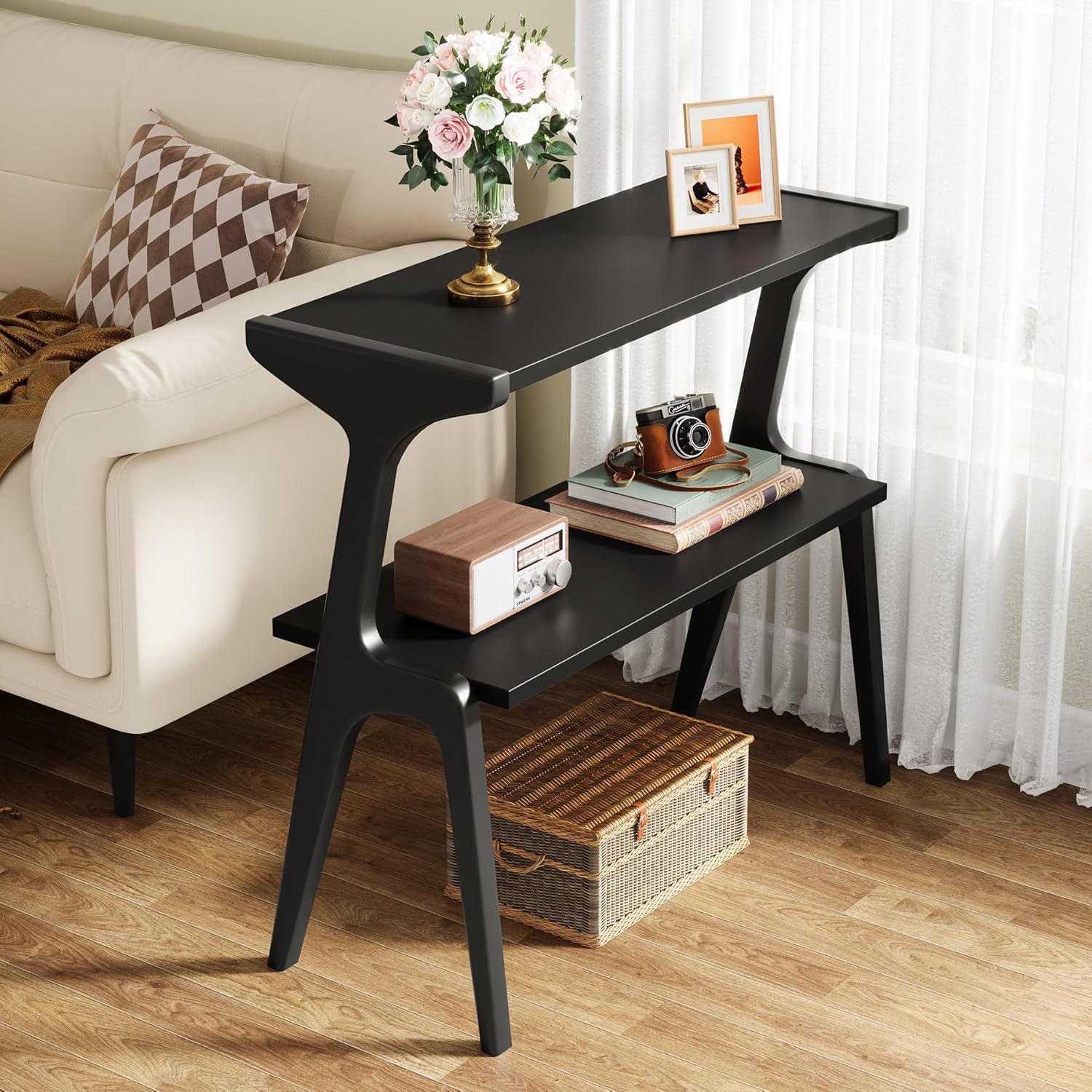 2-Tier End Table, Slim Sofa Side Table with Storage Shelf - Image 7