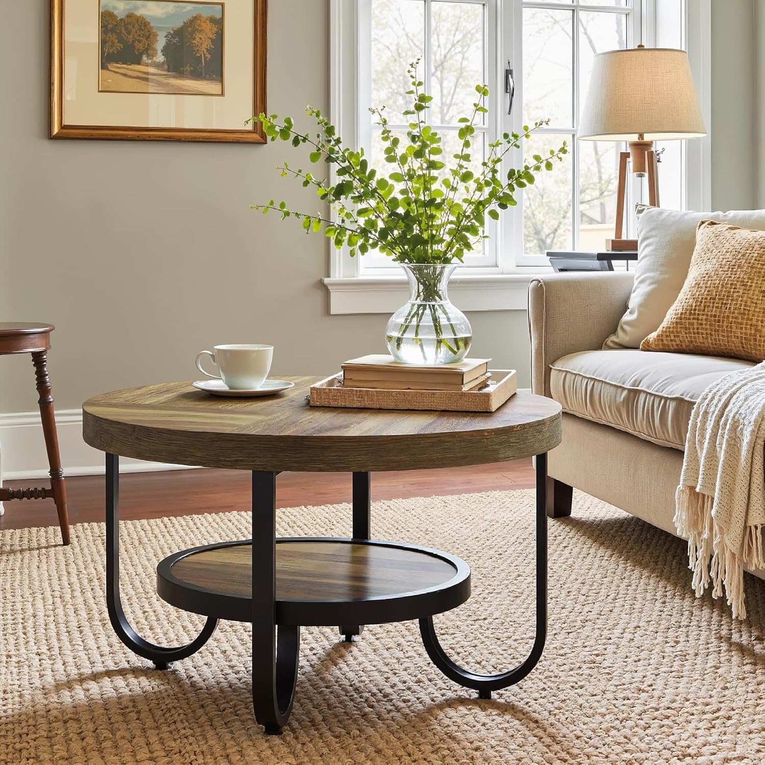 2-Tier Round Coffee Table with Storage, 31.5-Inch Center Cocktail Table - Image 3