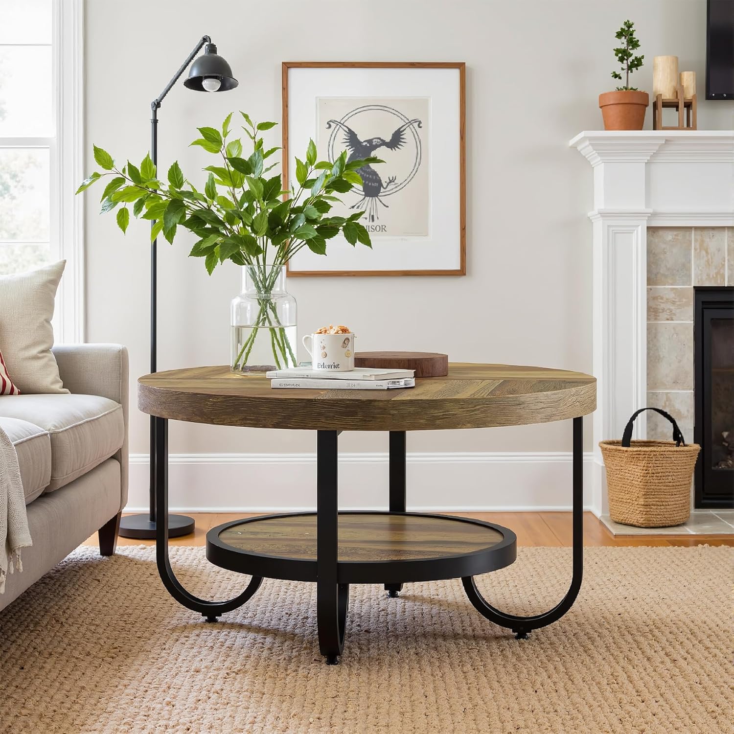 2-Tier Round Coffee Table with Storage, 31.5-Inch Center Cocktail Table - Image 6