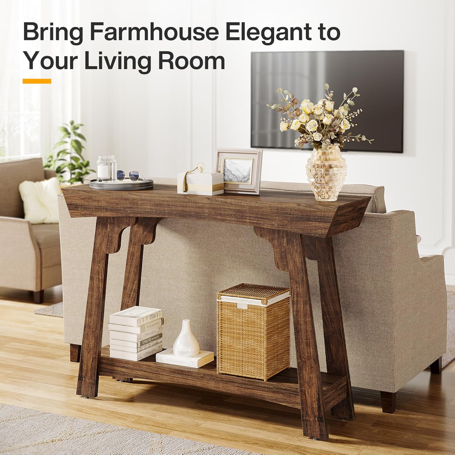 2-Tier Wood Entryway Table with Shelf with Storage, Farmhouse Narrow Sofa Table - Image 7