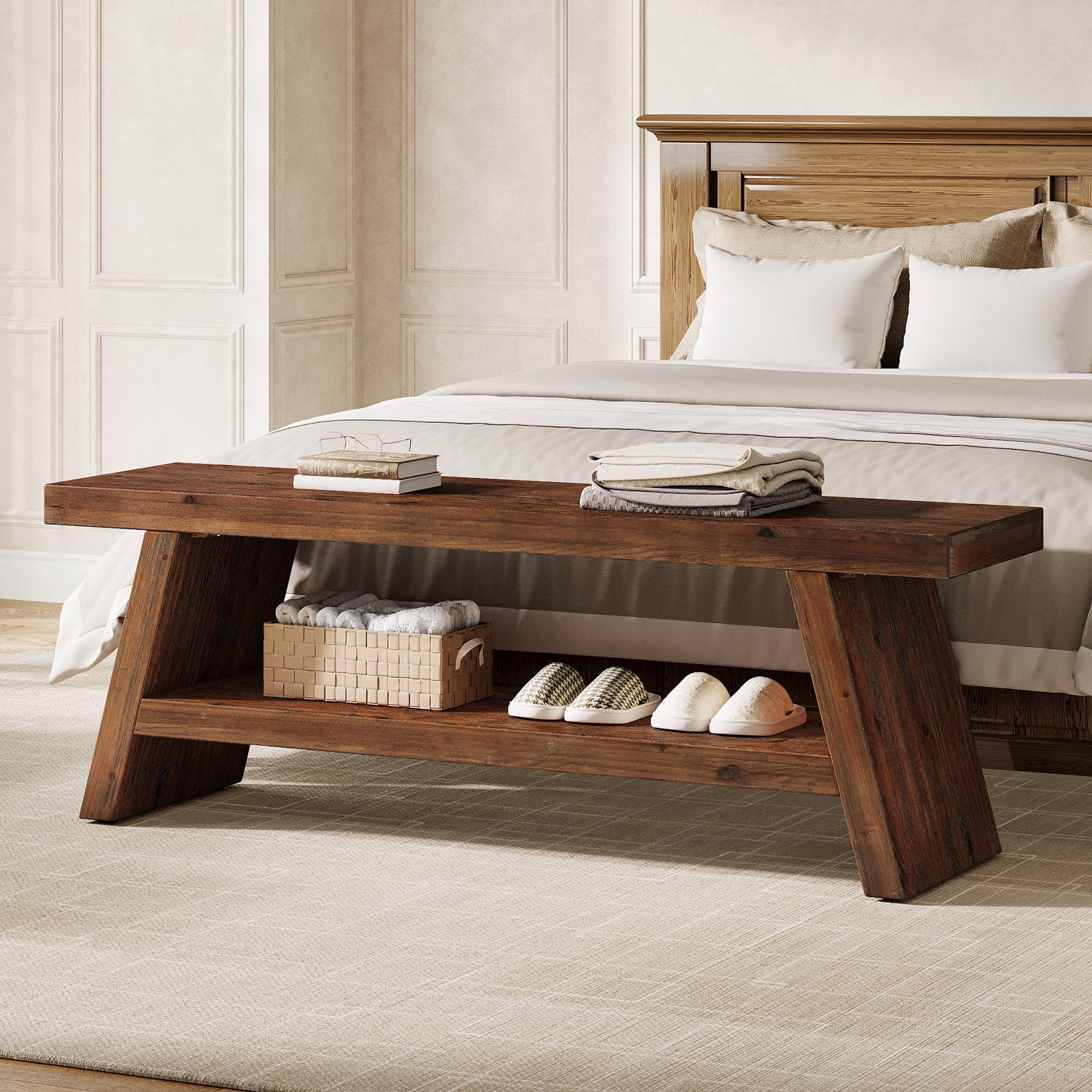 Tribesigns 47-Inch 2-Tier Wooden Storage Bench, Open Shelving Hallway Seat with Solid Fir Frame for Living Room - Image 10