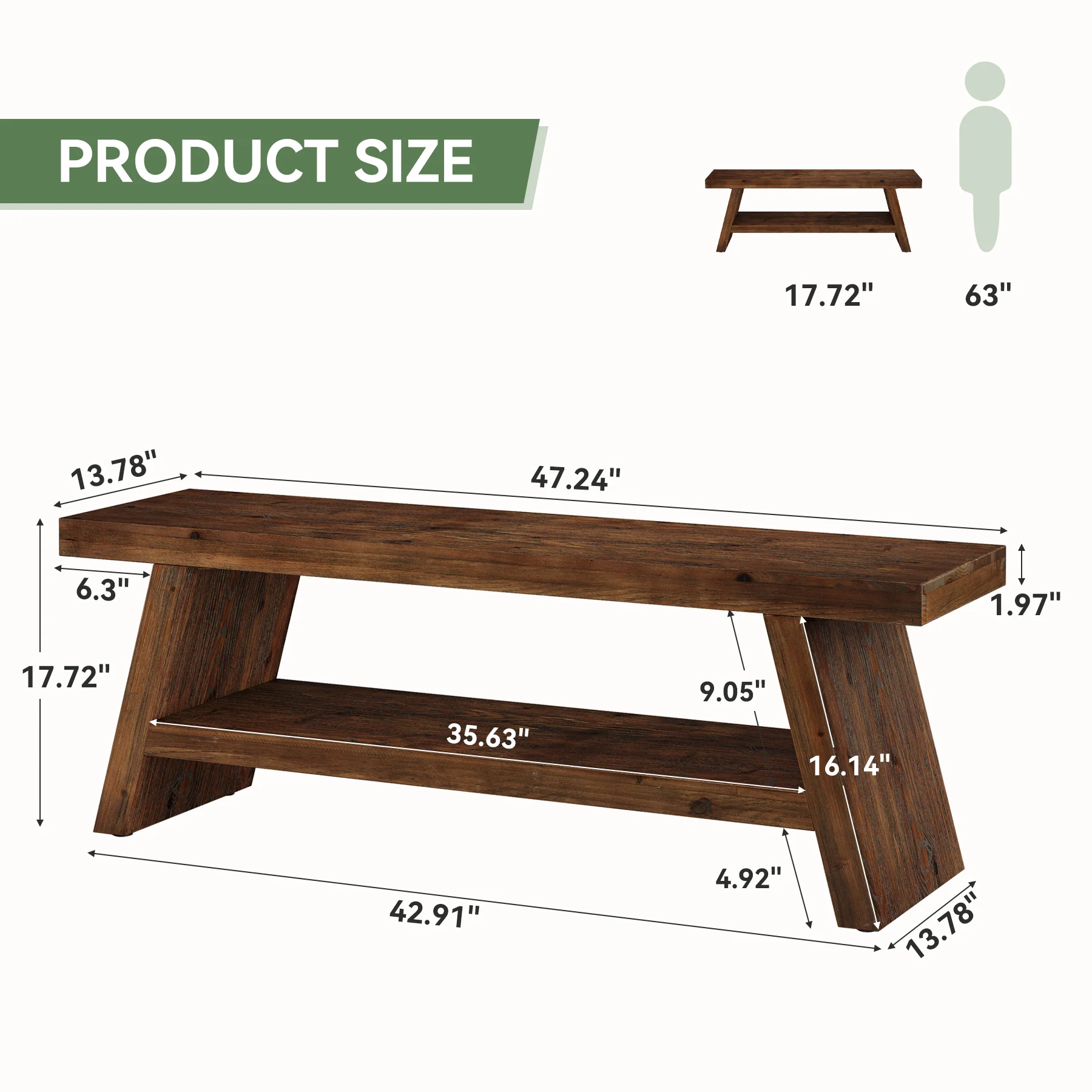 Tribesigns 47-Inch 2-Tier Wooden Storage Bench, Open Shelving Hallway Seat with Solid Fir Frame for Living Room - Image 2