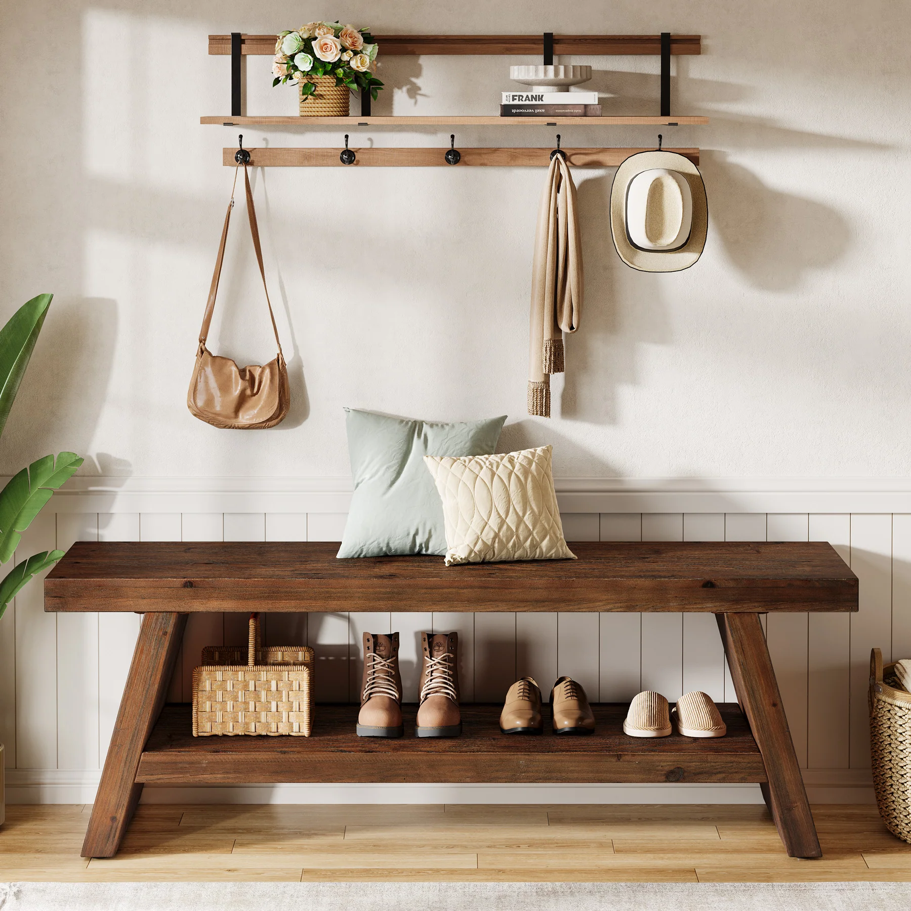Tribesigns 47-Inch 2-Tier Wooden Storage Bench, Open Shelving Hallway Seat with Solid Fir Frame for Living Room - Image 5
