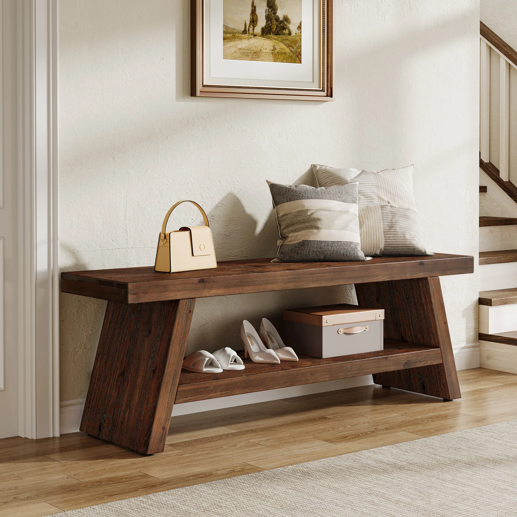 Tribesigns 47-Inch 2-Tier Wooden Storage Bench, Open Shelving Hallway Seat with Solid Fir Frame for Living Room - Image 7