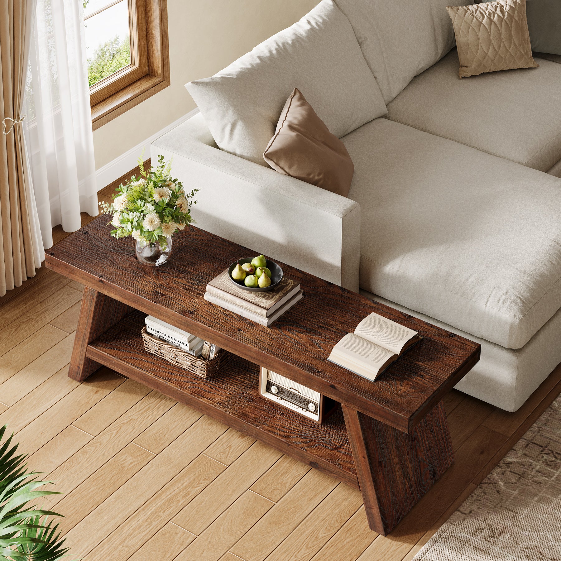 Tribesigns 47-Inch 2-Tier Wooden Storage Bench, Open Shelving Hallway Seat with Solid Fir Frame for Living Room - Image 8