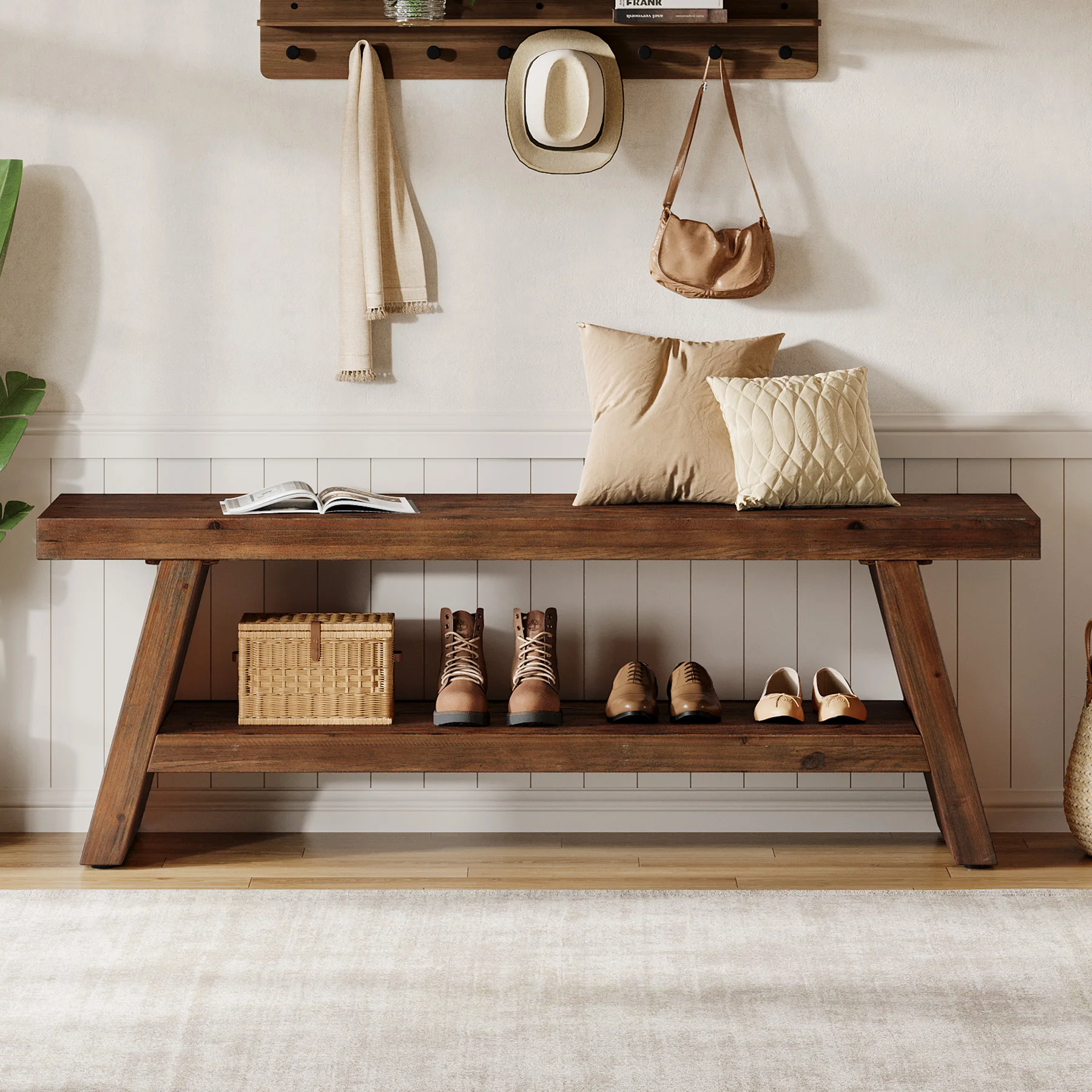 Tribesigns 47-Inch 2-Tier Wooden Storage Bench, Open Shelving Hallway Seat with Solid Fir Frame for Living Room - Image 9