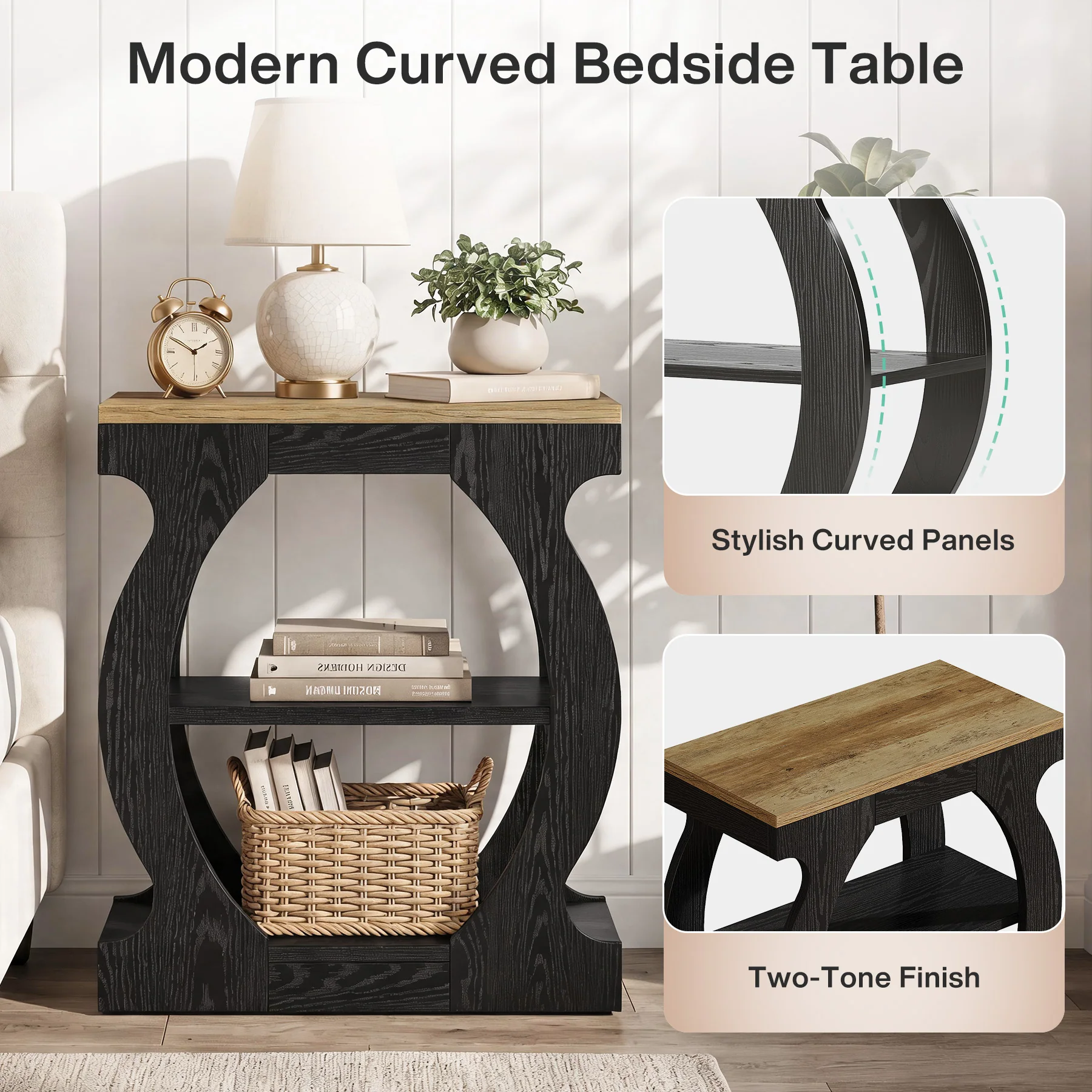 23.6 Inch Nightstand with 3-Tier Storage, Modern Narrow Bedside Table with Curved Frame for Bedroom - Image 3