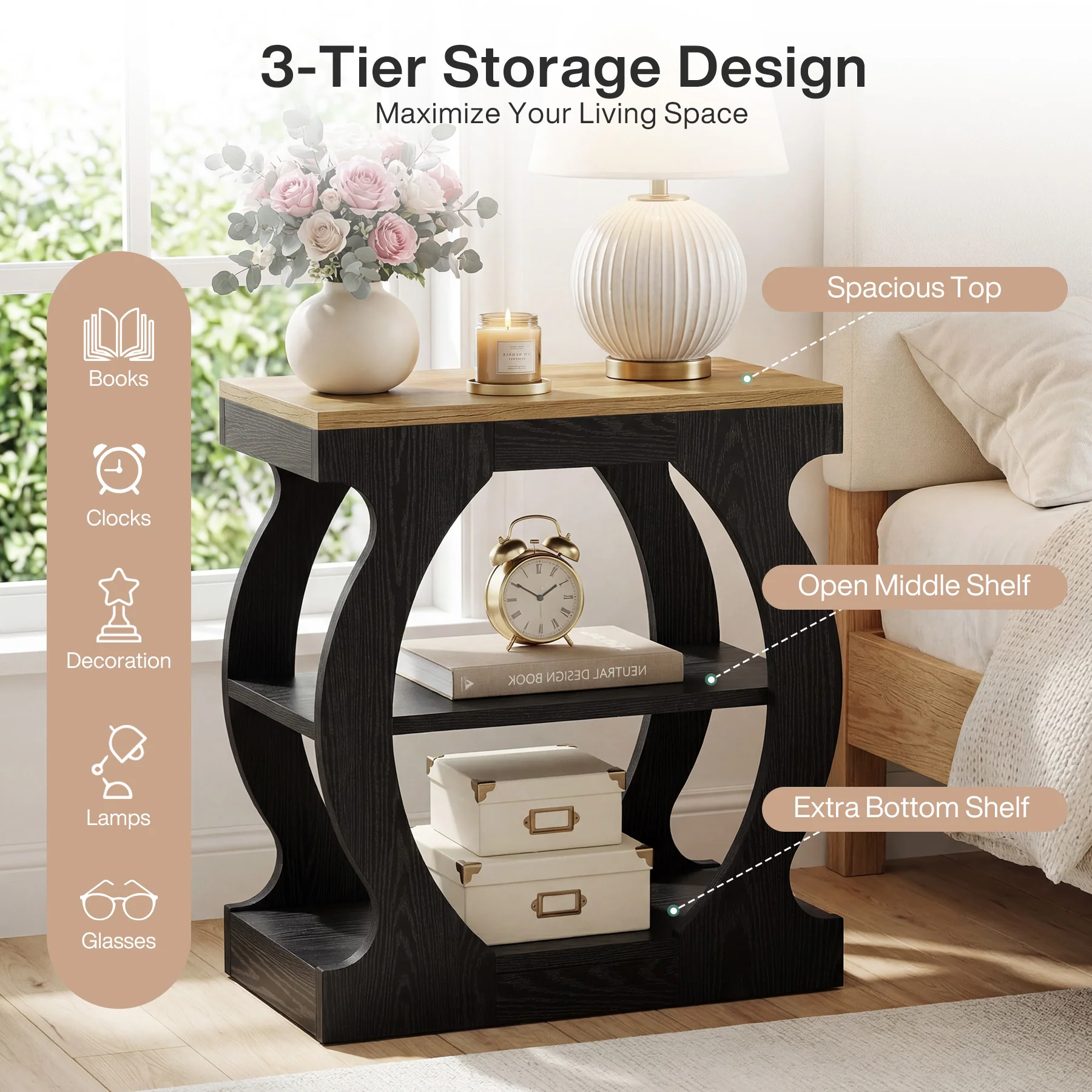 23.6 Inch Nightstand with 3-Tier Storage, Modern Narrow Bedside Table with Curved Frame for Bedroom - Image 4