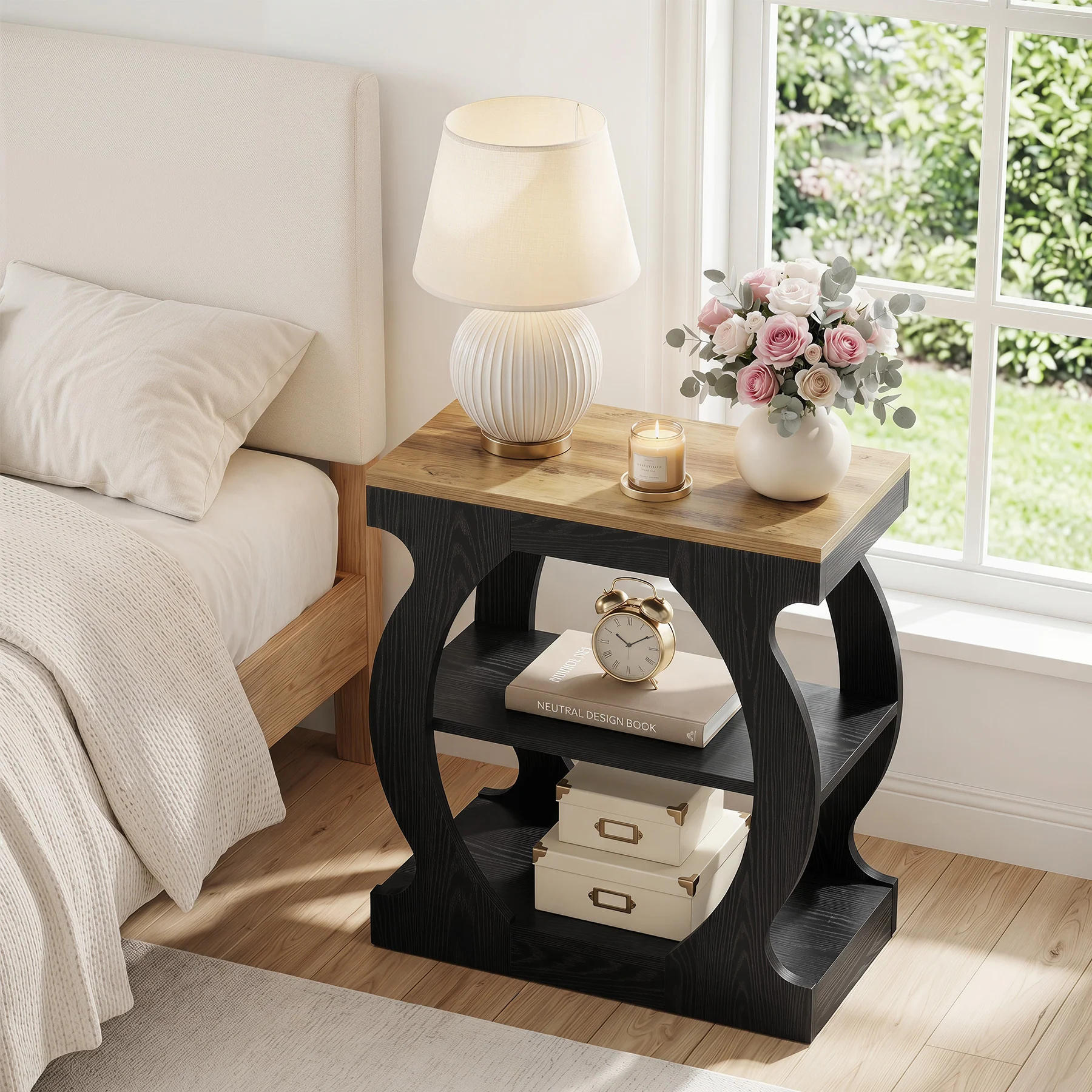 23.6 Inch Nightstand with 3-Tier Storage, Modern Narrow Bedside Table with Curved Frame for Bedroom - Image 8
