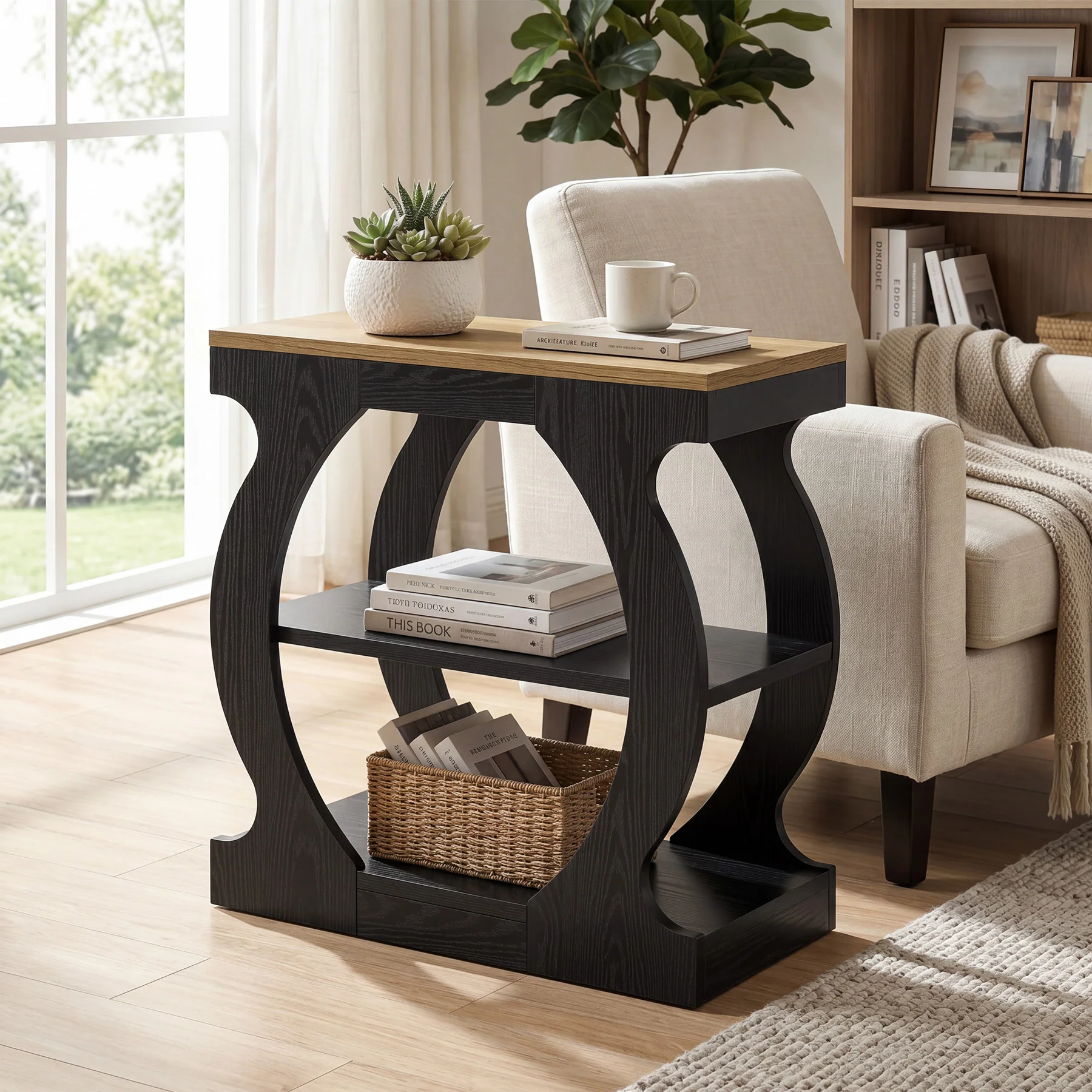 Tribesigns 23.6 Inch Narrow End Table with 3-Tier Storage, Wooden Side Table with Curved Frame - Image 10