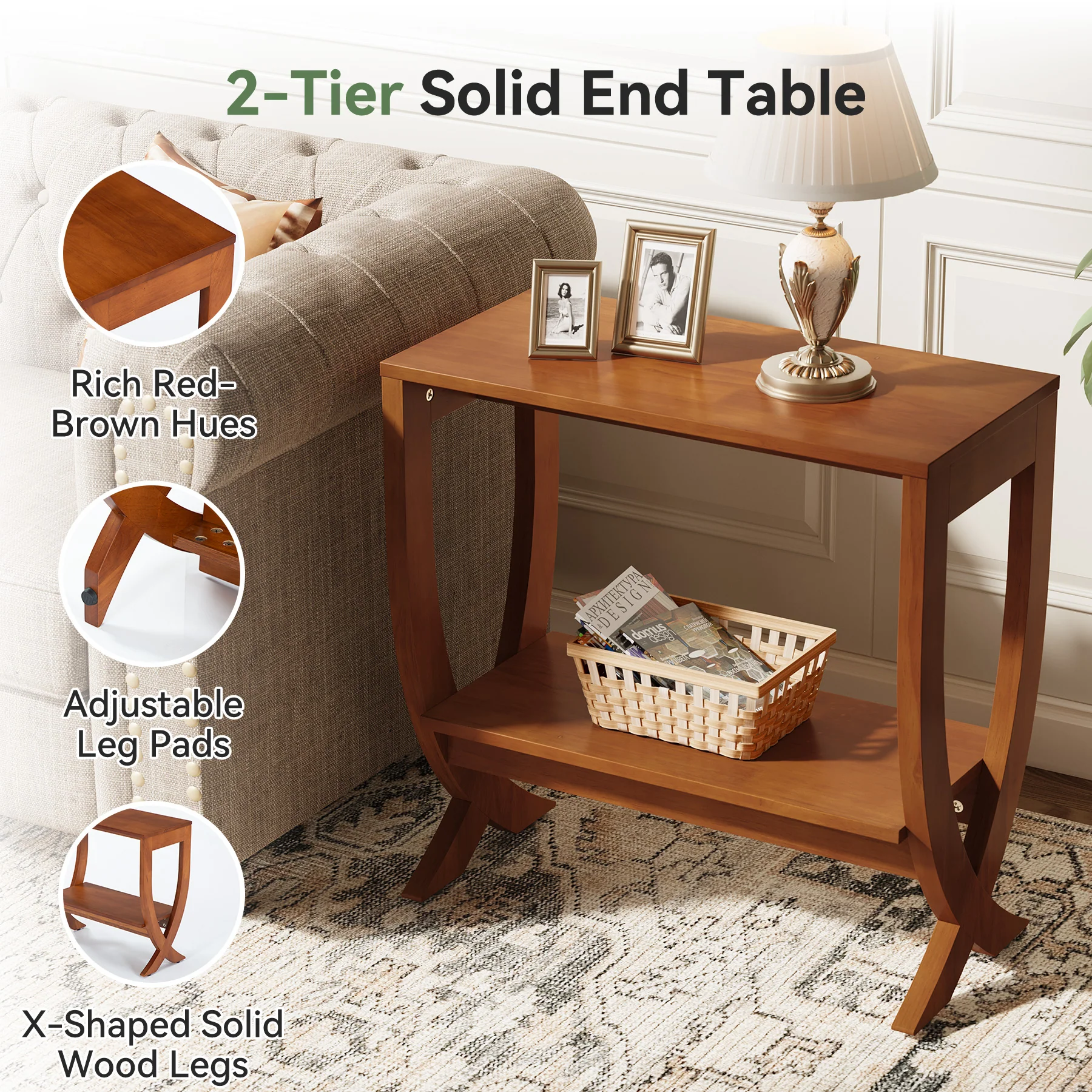 Tribesigns 23.62" Small Solid Wood Side Table with Arched Legs, 2-Tier End Table for Sofa Side - Image 3