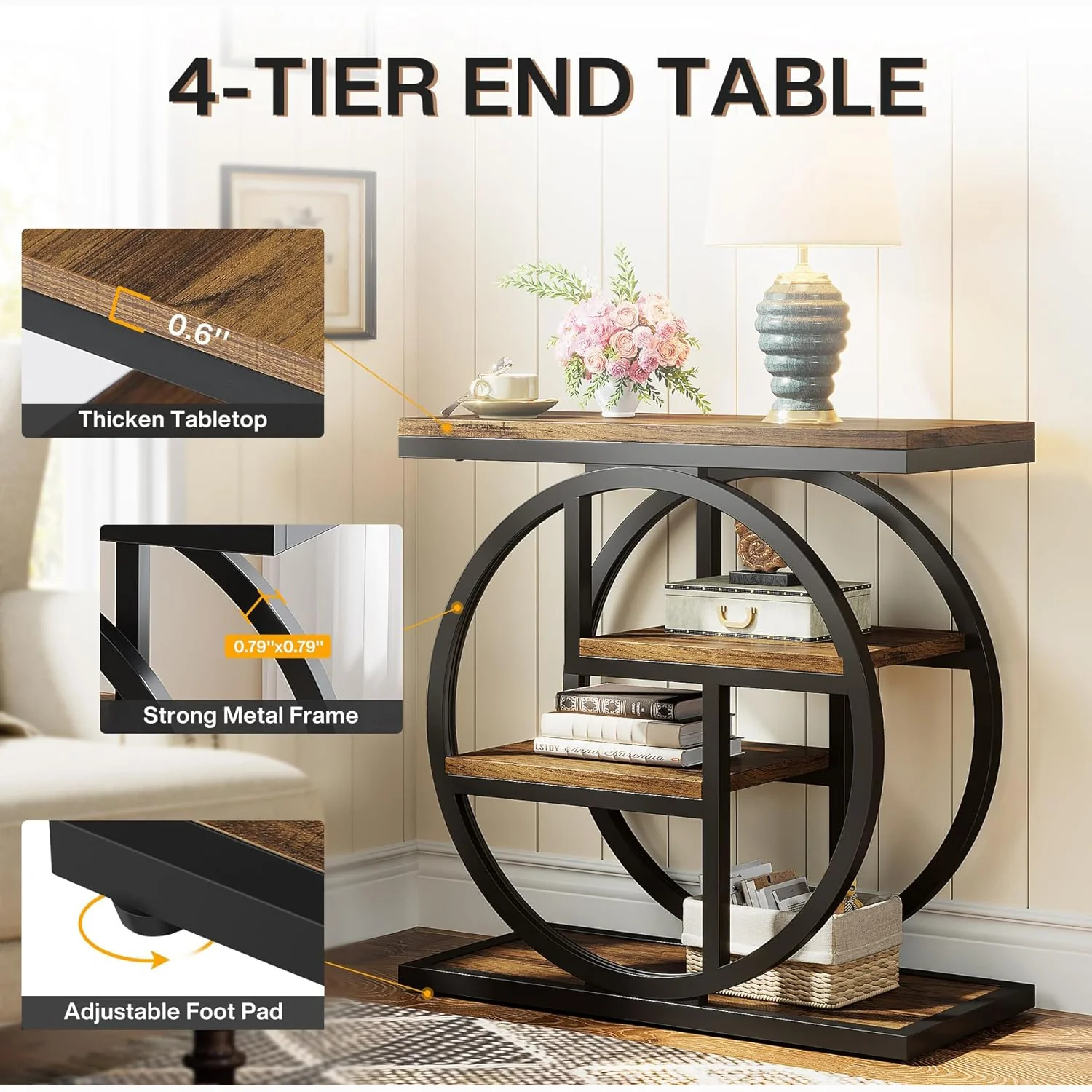 23.6" Industrial 4-Tier End Table - Narrow Wood & Metal Side Table with Storage Shelves, Rustic Brown - Image 6