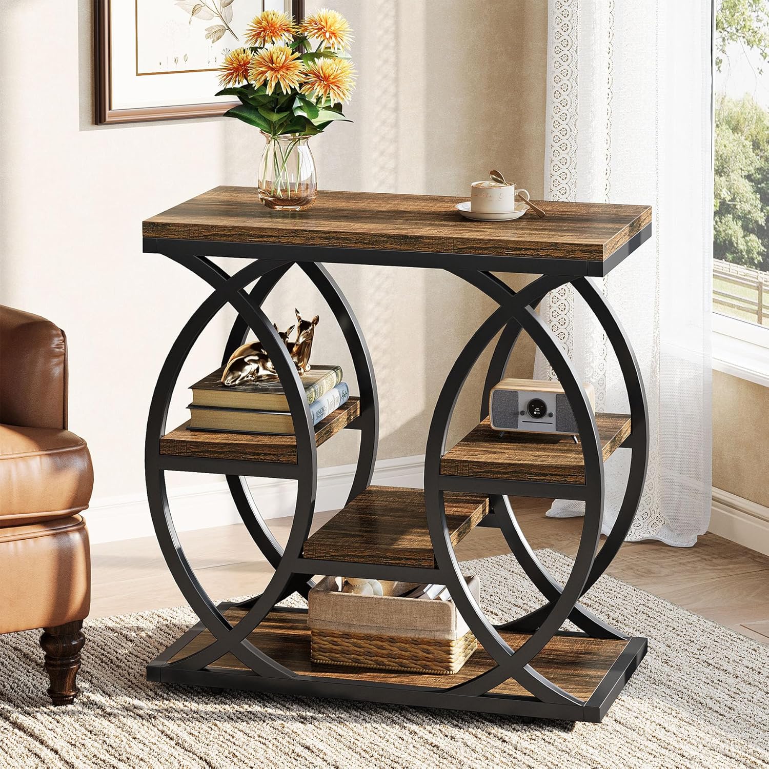 23.6" Rustic 4-Shelf End Table - Narrow Storage Side Table for Bedroom & Living Room - Image 4