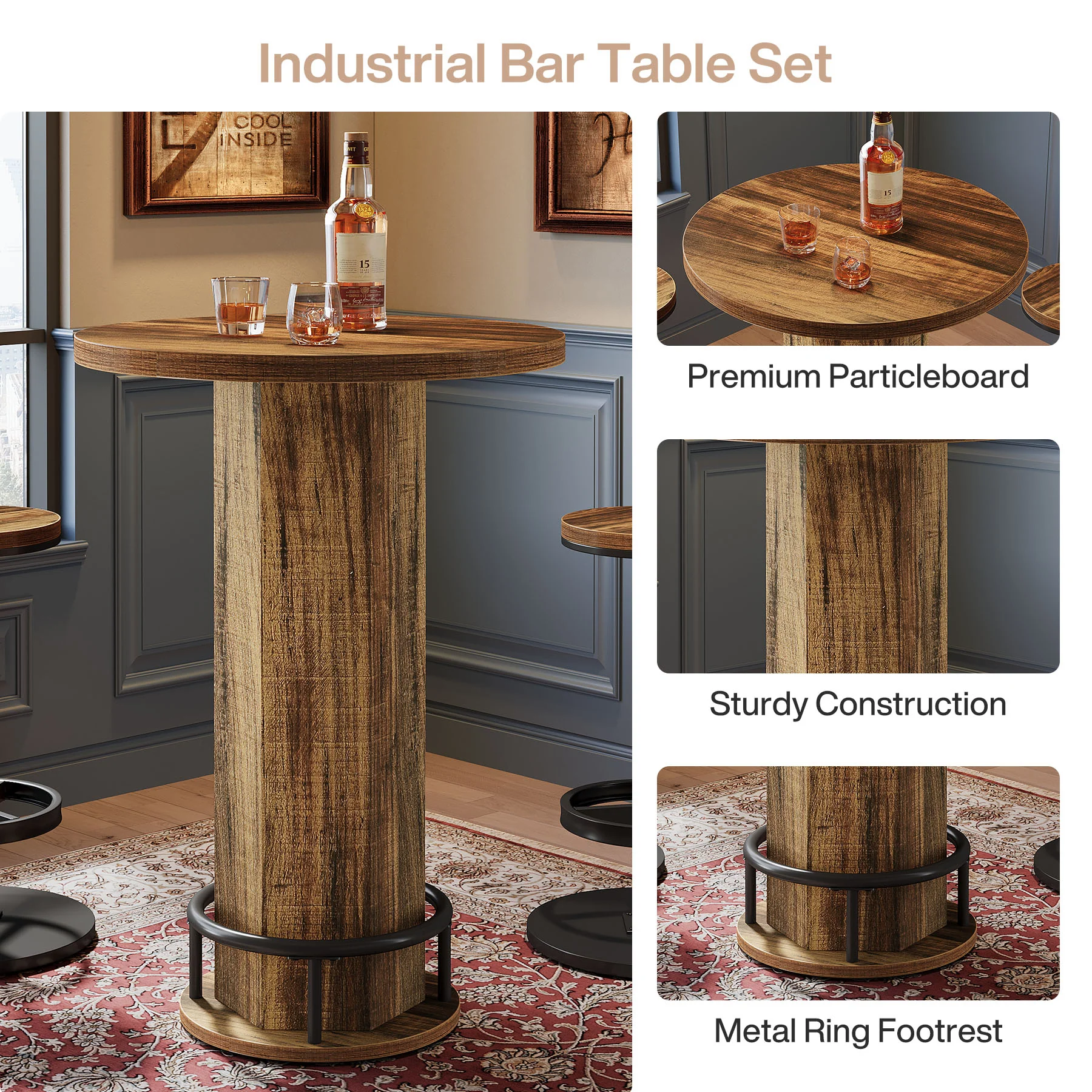 Tribesigns 23.62-Inch Round Bar Table Set, Industrial Bistro Table with 2 Bar Stools and Metal Footrest for Kitchen Apartment - Image 4