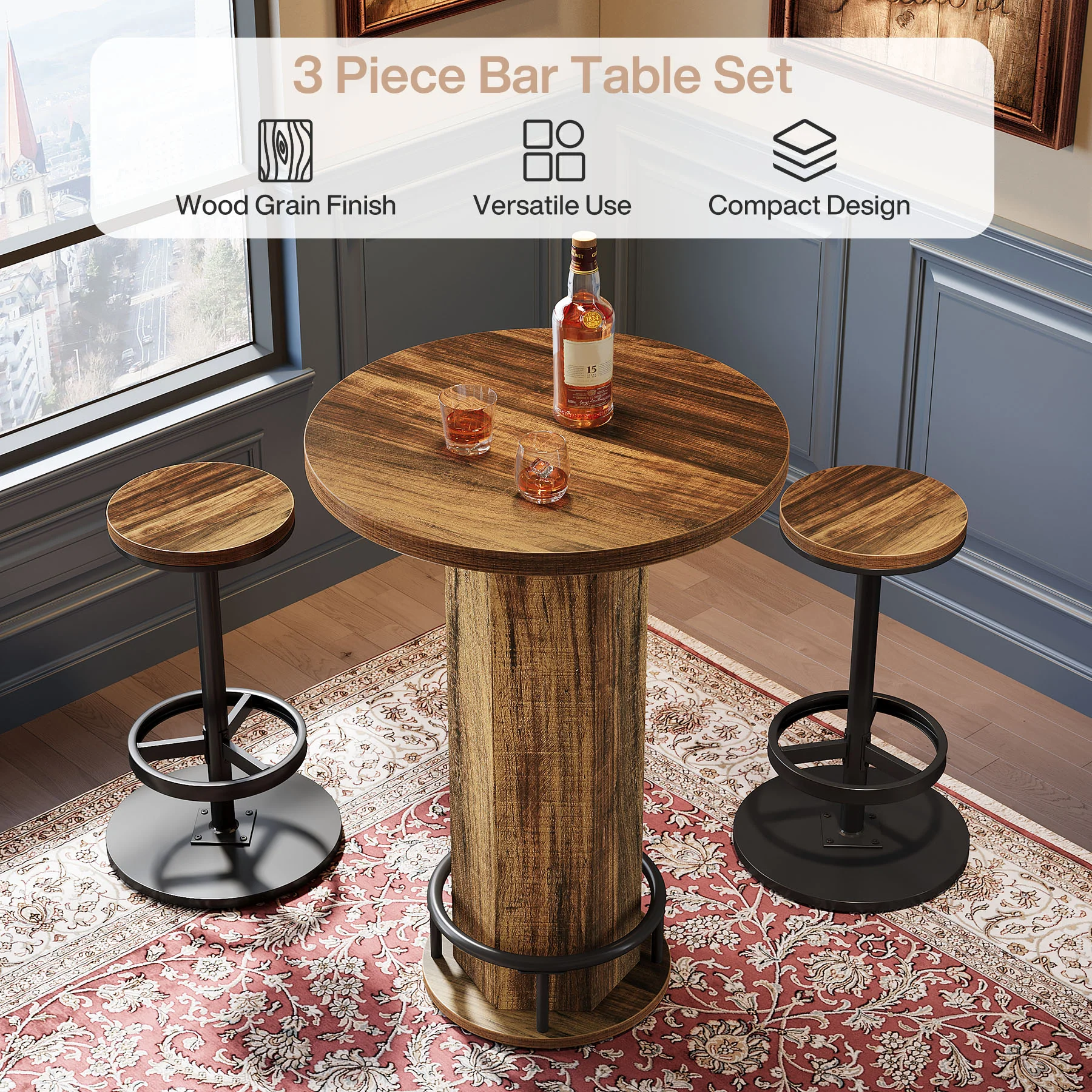 Tribesigns 23.62-Inch Round Bar Table Set, Industrial Bistro Table with 2 Bar Stools and Metal Footrest for Kitchen Apartment - Image 5