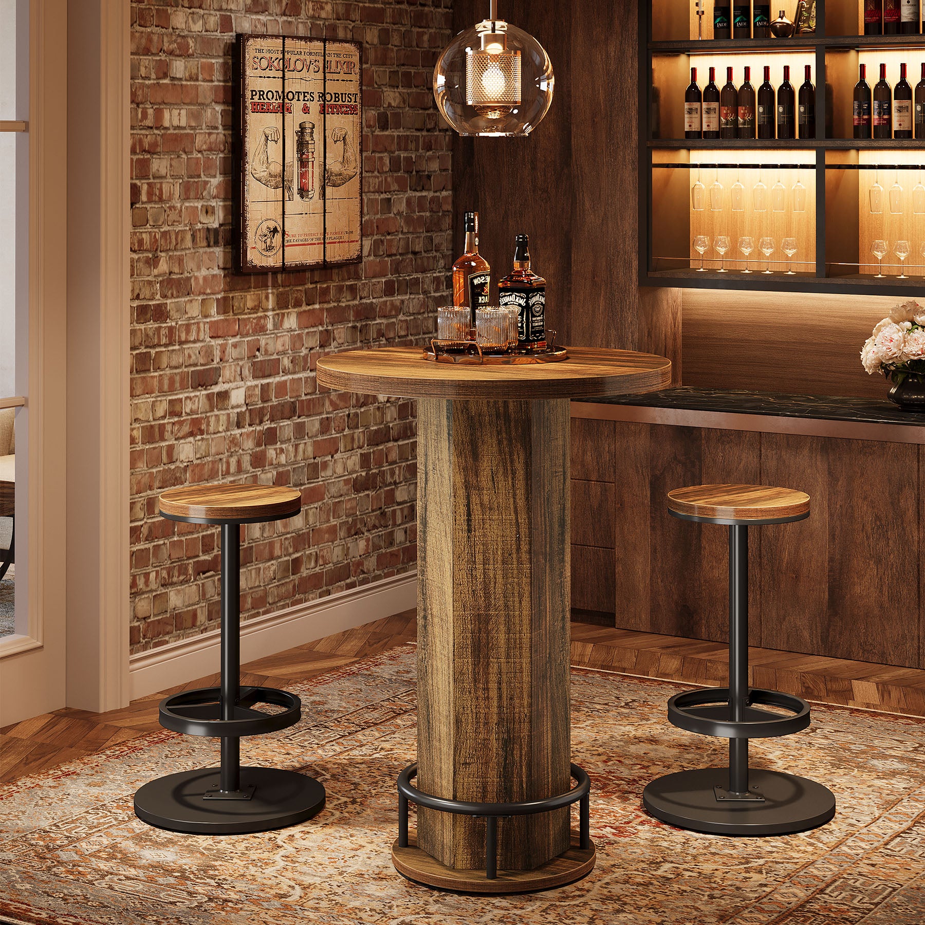 Tribesigns 23.62-Inch Round Bar Table Set, Industrial Bistro Table with 2 Bar Stools and Metal Footrest for Kitchen Apartment - Image 6