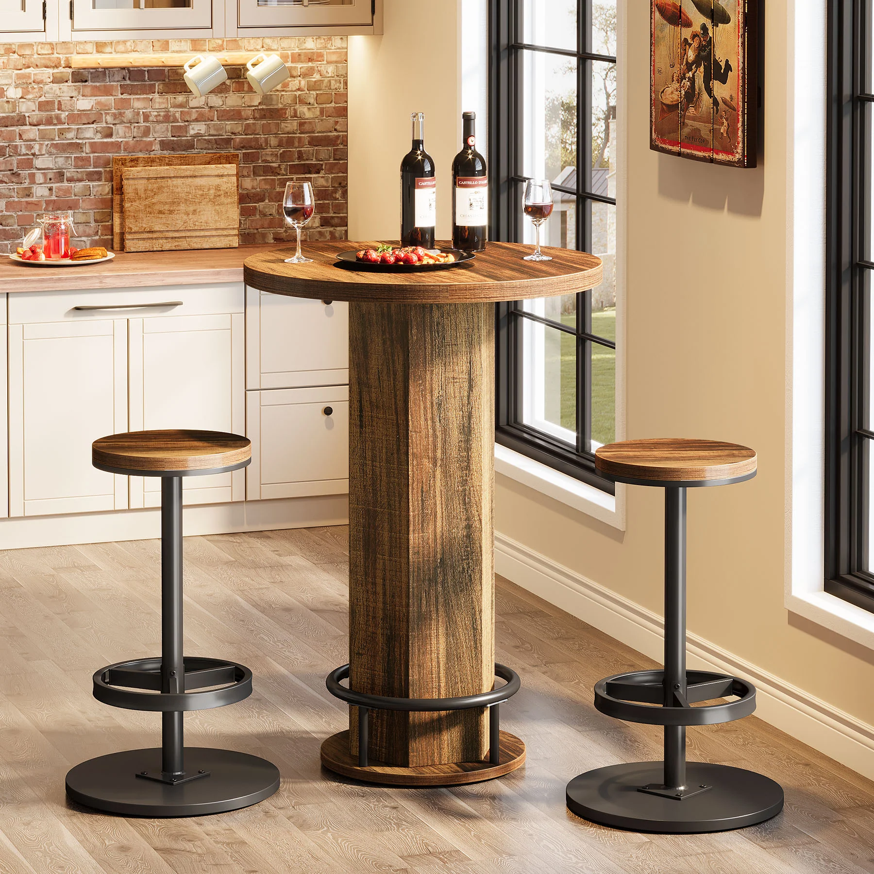 Tribesigns 23.62-Inch Round Bar Table Set, Industrial Bistro Table with 2 Bar Stools and Metal Footrest for Kitchen Apartment - Image 7