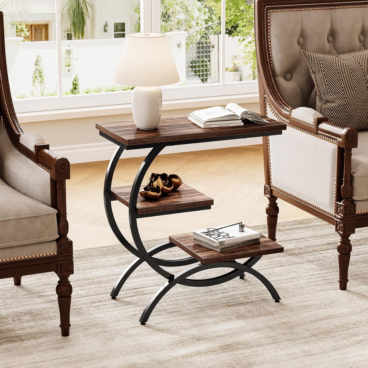 23.62" Industrial Brown Oak Side Table - Black Metal C-Frame & 3 Shelves - Image 3