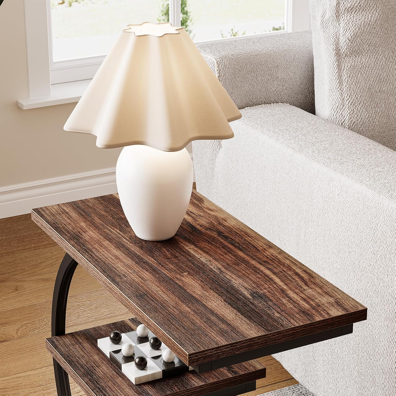23.62" Industrial Brown Oak Side Table - Black Metal C-Frame & 3 Shelves - Image 4