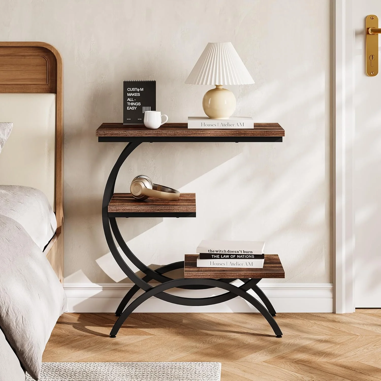 23.62" Industrial Brown Oak Side Table - Black Metal C-Frame & 3 Shelves - Image 5