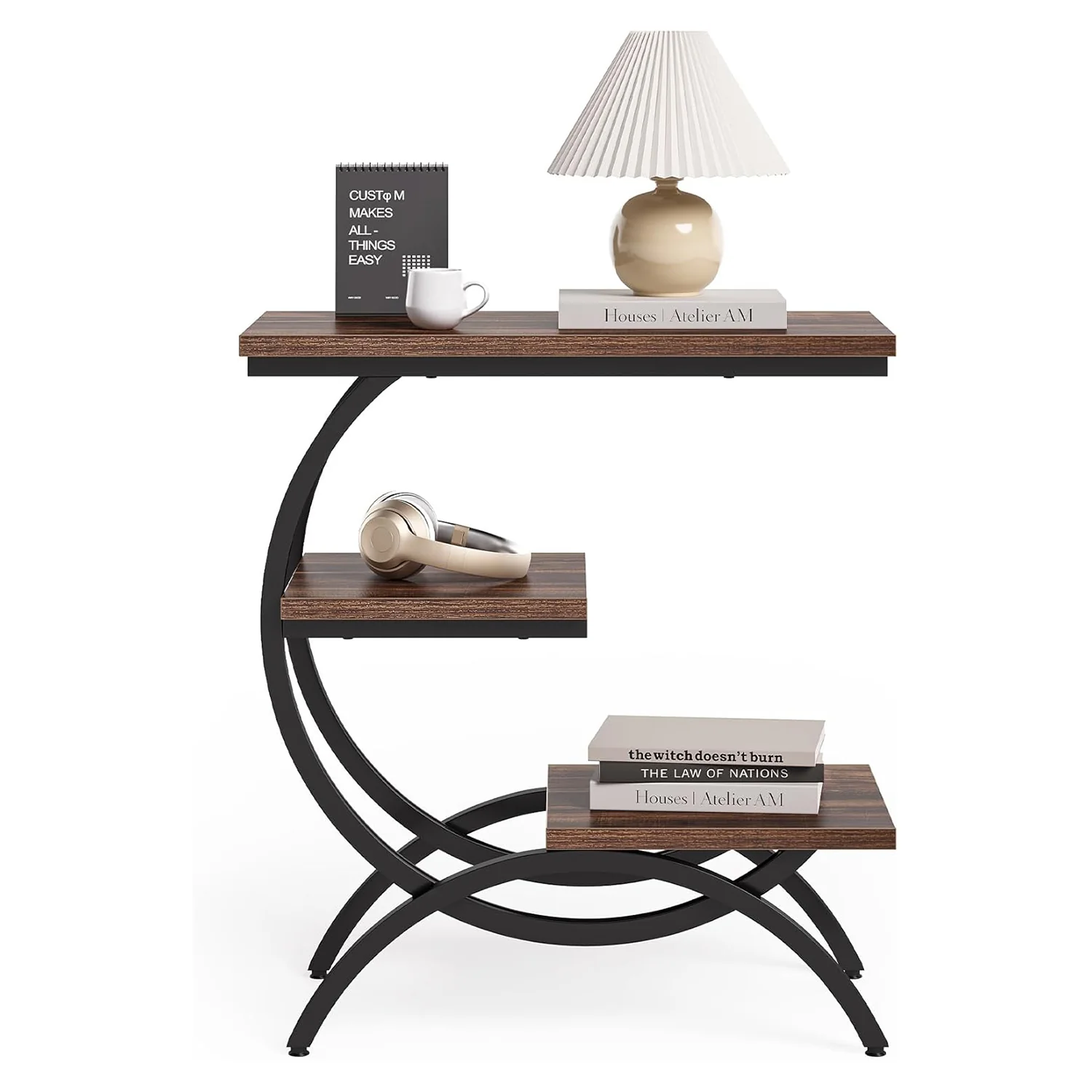 23.62" Industrial Brown Oak Side Table - Black Metal C-Frame & 3 Shelves - Image 8