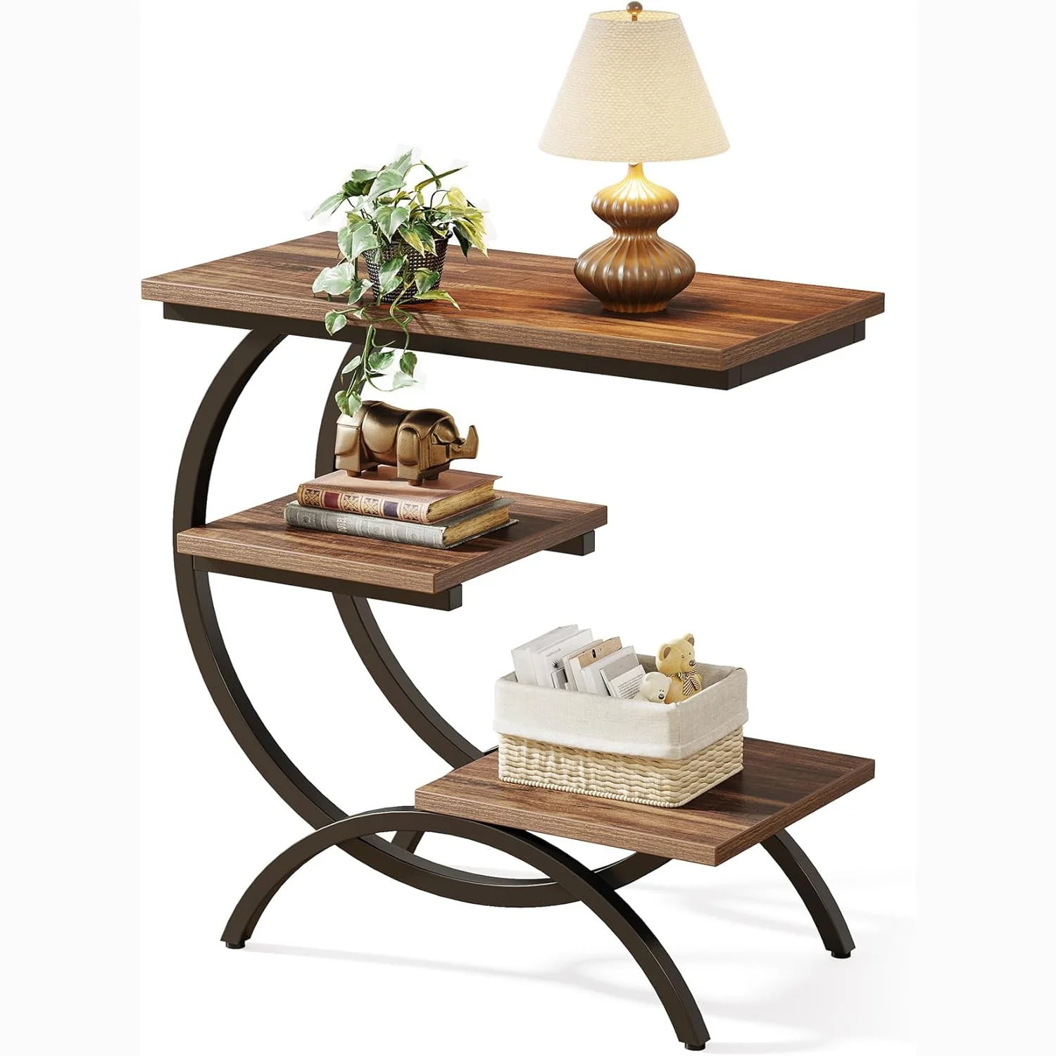 23.62" Industrial Brown Oak Side Table - Black Metal C-Frame & 3 Shelves - Image 9