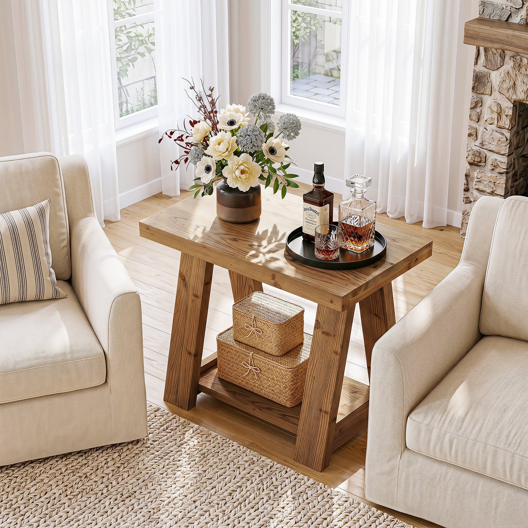 23.62 Inch Solid Wood End Table with 2-Tier Storage Shelves, Farmhouse Side Table for Living Room - Image 10